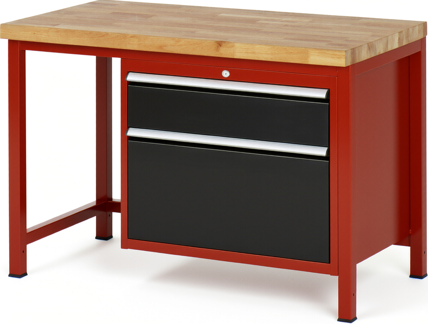 Werkbank Modell 8256 rot - schwarz, BxTxH 1250x700x840-1040 mm,  Buche-Massiv Arbeitsplatte 40 mm,  2 Schubladen mit  Auszug 90 %