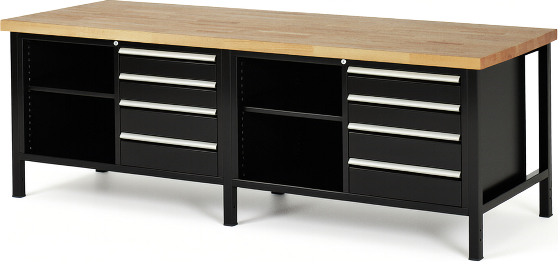 Werkbank Modell 8463 schwarz, BxTxH 2500x900x840-1040 mm,  Buche-Massiv Arbeitsplatte 40 mm,  8 Schubladen mit  Auszug 90 %