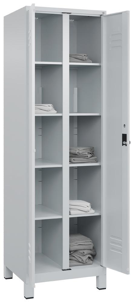 Spind, Kombischrank Premium, BxTxH 600x500x1950 mm, 2 Abteile a 300 mm, mit Füßen, Drehriegel, RAL 7035