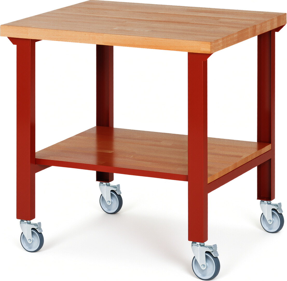 Fahrbare Werkbank Modell 7000 rot, BxTxH 1000x900x1000 mm,  Buche-Massiv Arbeitsplatte 40 mm
