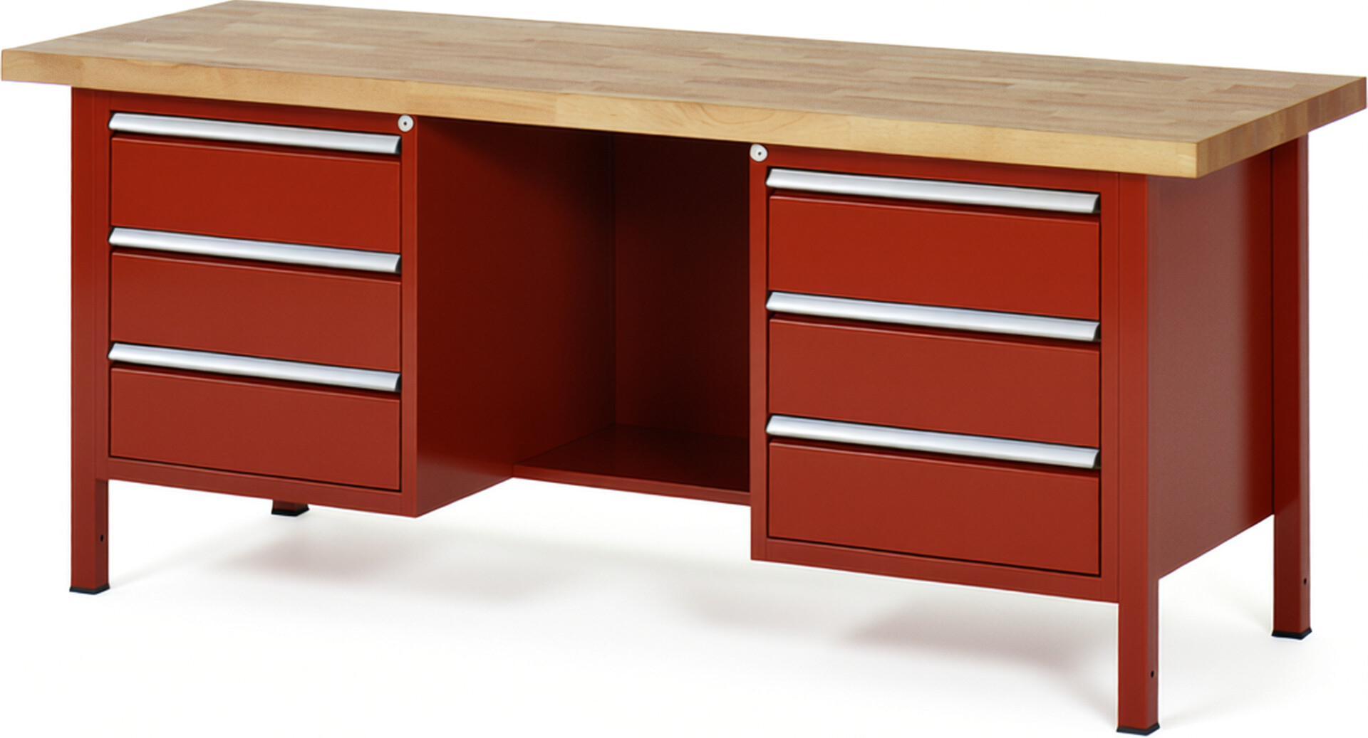 Werkbank Modell 8554 rot, BxTxH 2000x700x840-1040 mm,  Buche-Massiv Arbeitsplatte 40 mm,  6 Schubladen mit  Vollauszug 100 % und  SoftClosing