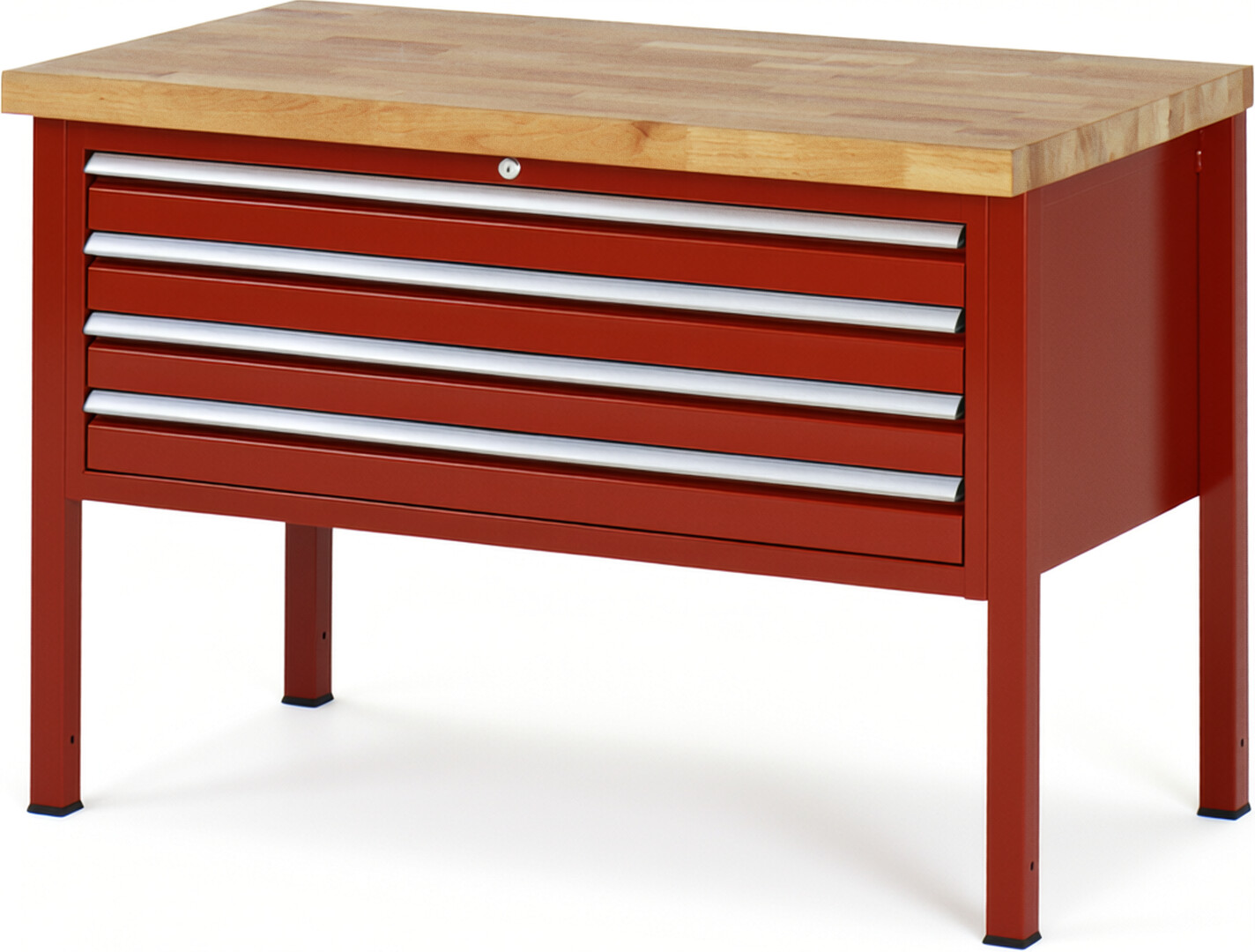 Werkbank Modell 8333 rot, BxTxH 1250x700x840-1040 mm,  Buche-Massiv Arbeitsplatte 40 mm,  4 Schubladen mit  Auszug 90 %