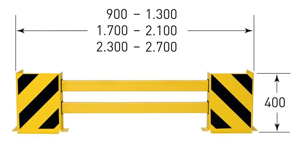 Hybrid-Regalschutz-Planken-Set, für Einfachregalreihe, Innenbereich, einstellbar von 900-1300 mm, beschichtet in gelb, mit schwarzen Streifen