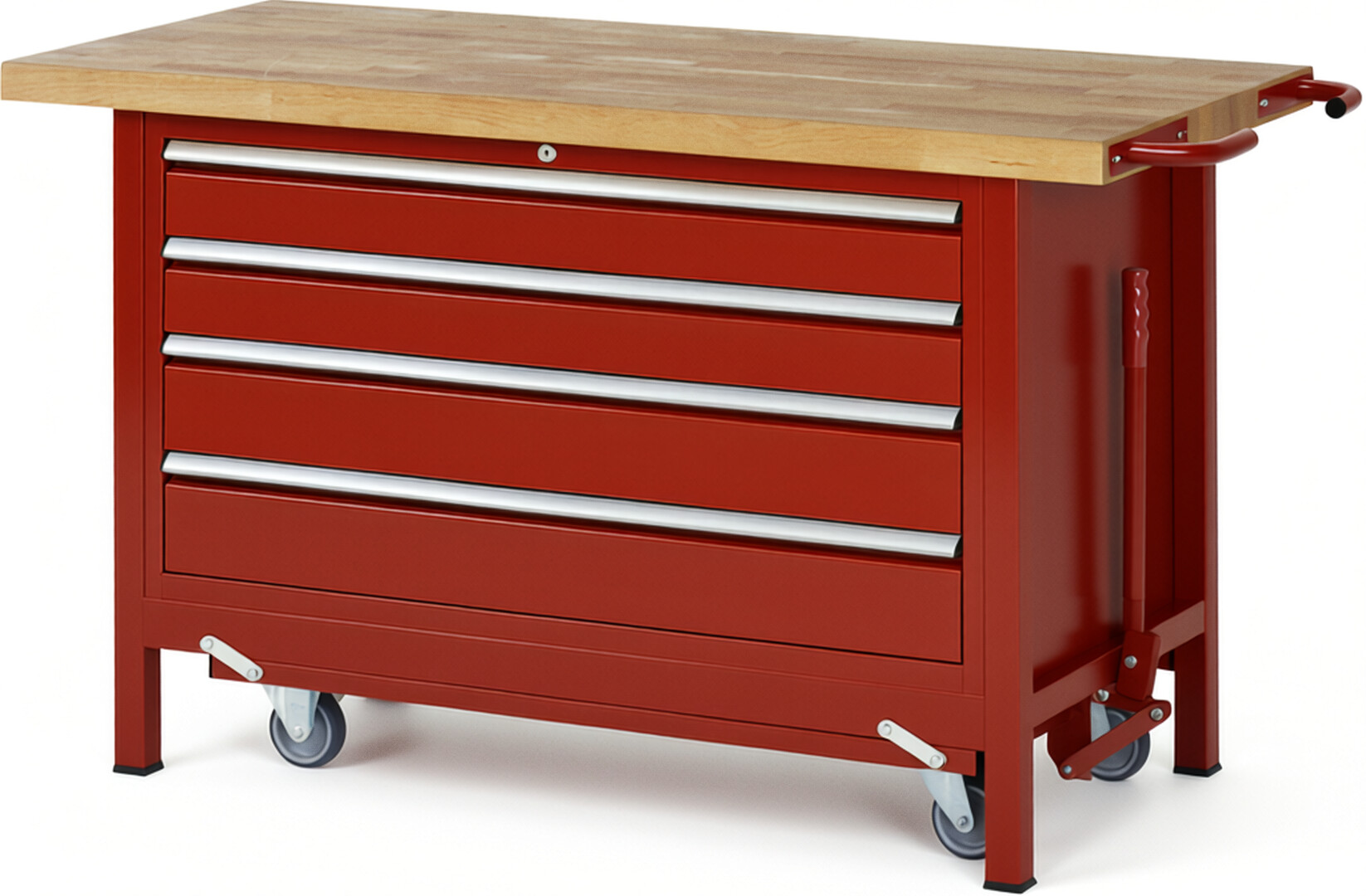 Absenkbare Werkbank Modell 8362 rot, BxTxH 1500x700x880 mm,  Buche-Massiv Arbeitsplatte 40 mm,  4 Schubladen mit  Vollauszug 100 % und  SoftClosing