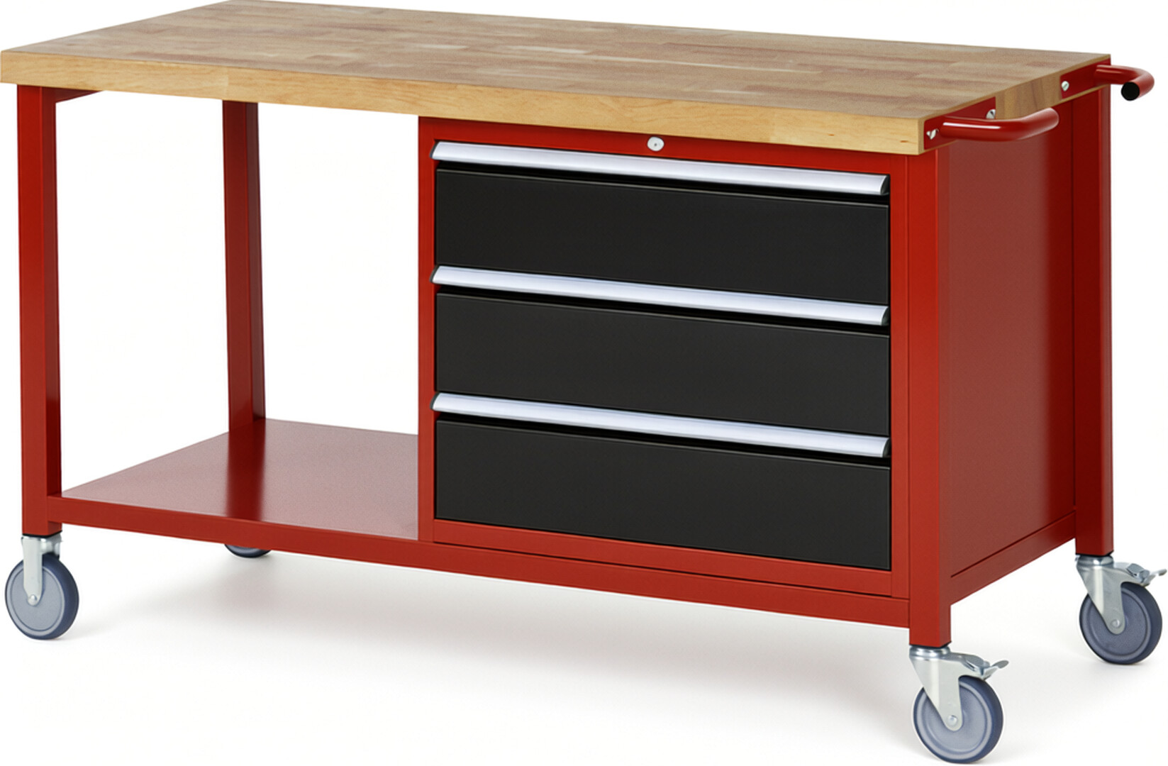 Fahrbare Werkbank Modell 8257 rot - schwarz, BxTxH 1500x700x880 mm,  Buche-Massiv Arbeitsplatte 40 mm,  3 Schubladen mit  Auszug 90 %