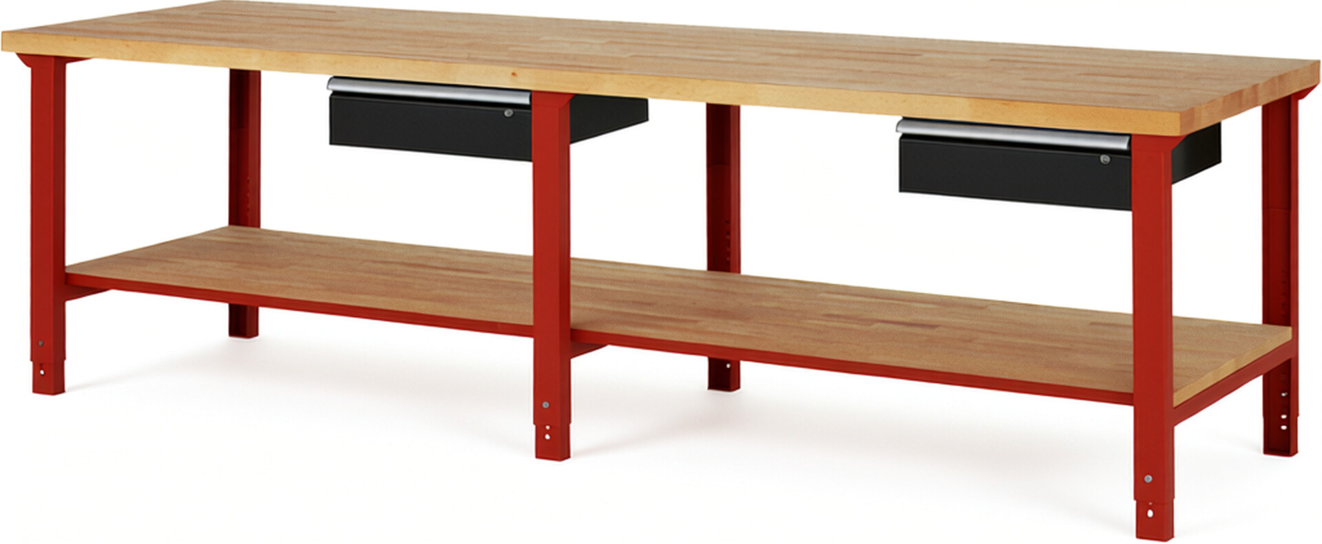 RAU Werkbank rot - schwarz - Breite 300 cm - Tiefe 90 cm - Höhe 114 cm - Buche-Massiv Arbeitsplatte 40 mm