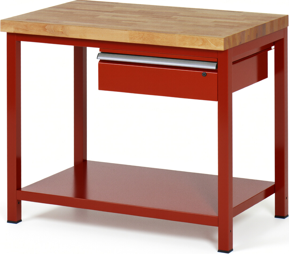 Werkbank Modell 8001 rot, BxTxH 1000x700x840-1040 mm,  Buche-Massiv Arbeitsplatte 40 mm,  1 Schublade mit  Auszug 90 %
