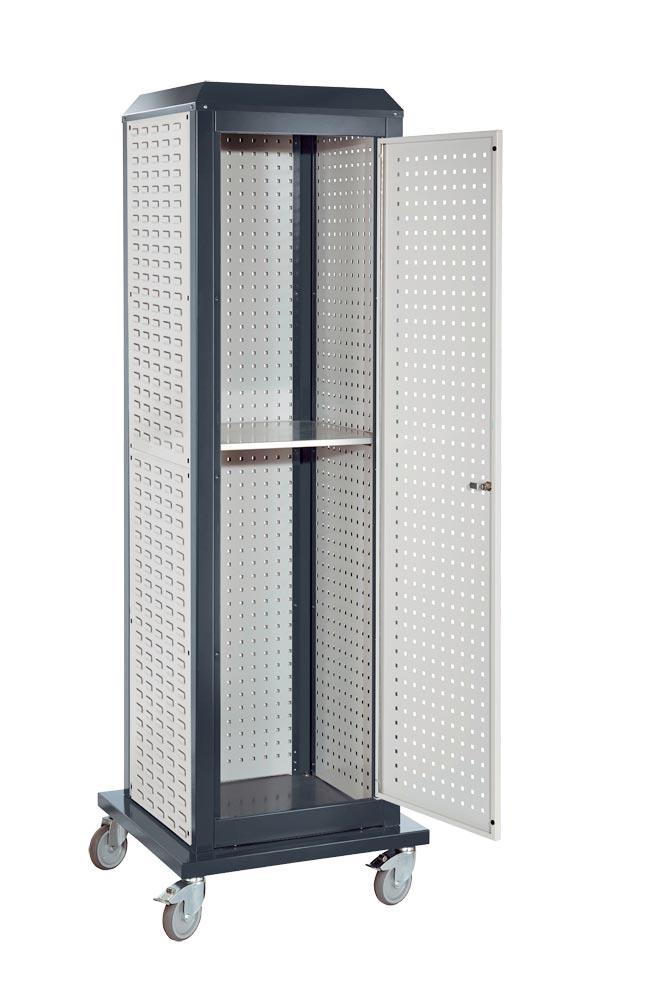 Lochplatten, Tool-Tower groß, BxTxH 700x700x2015 mm, mobil, 1 Tür, 6 Platten, 1 Boden, RAL 7016/7035