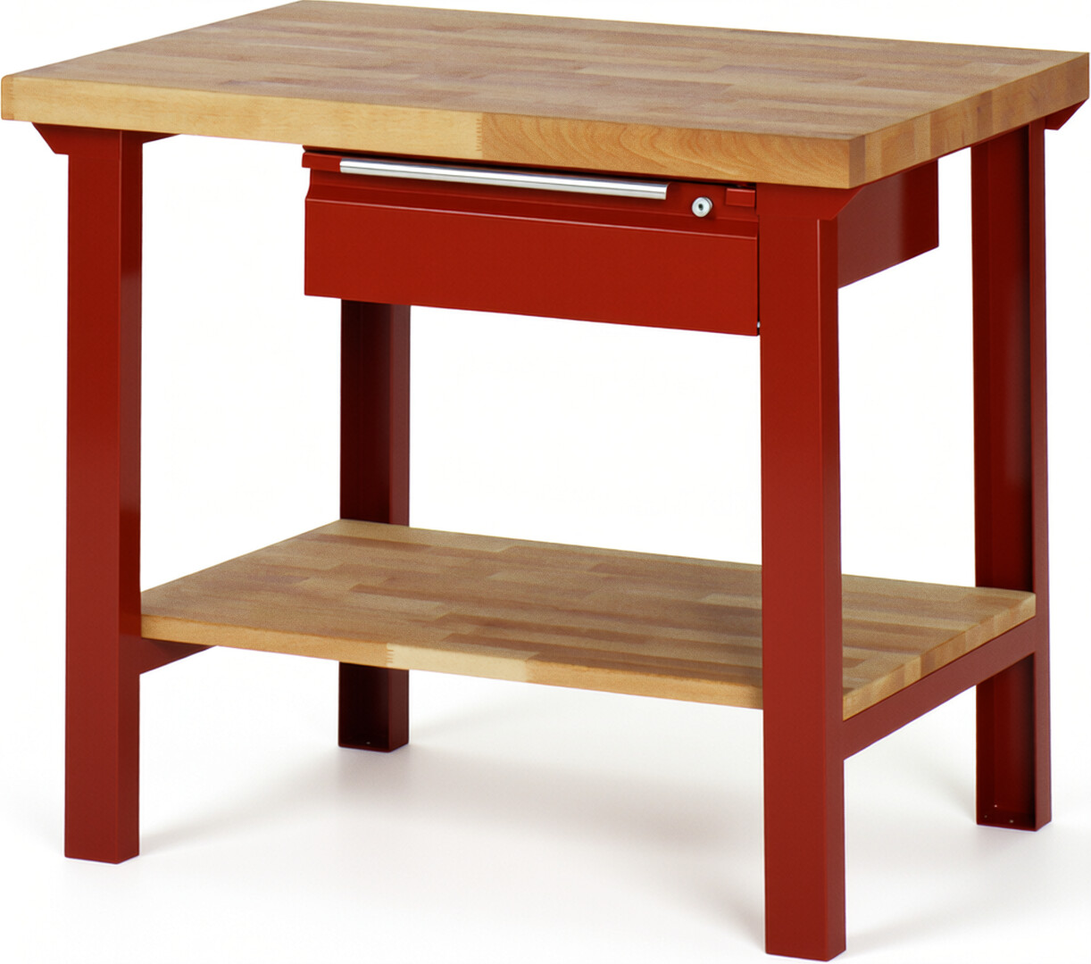 Werkbank - Modell 7001 BASIC rot, BxTxH 1000x700x840 mm,  Buche-Massiv Arbeitsplatte 40 mm,  1 Schublade mit  Auszug 90 %