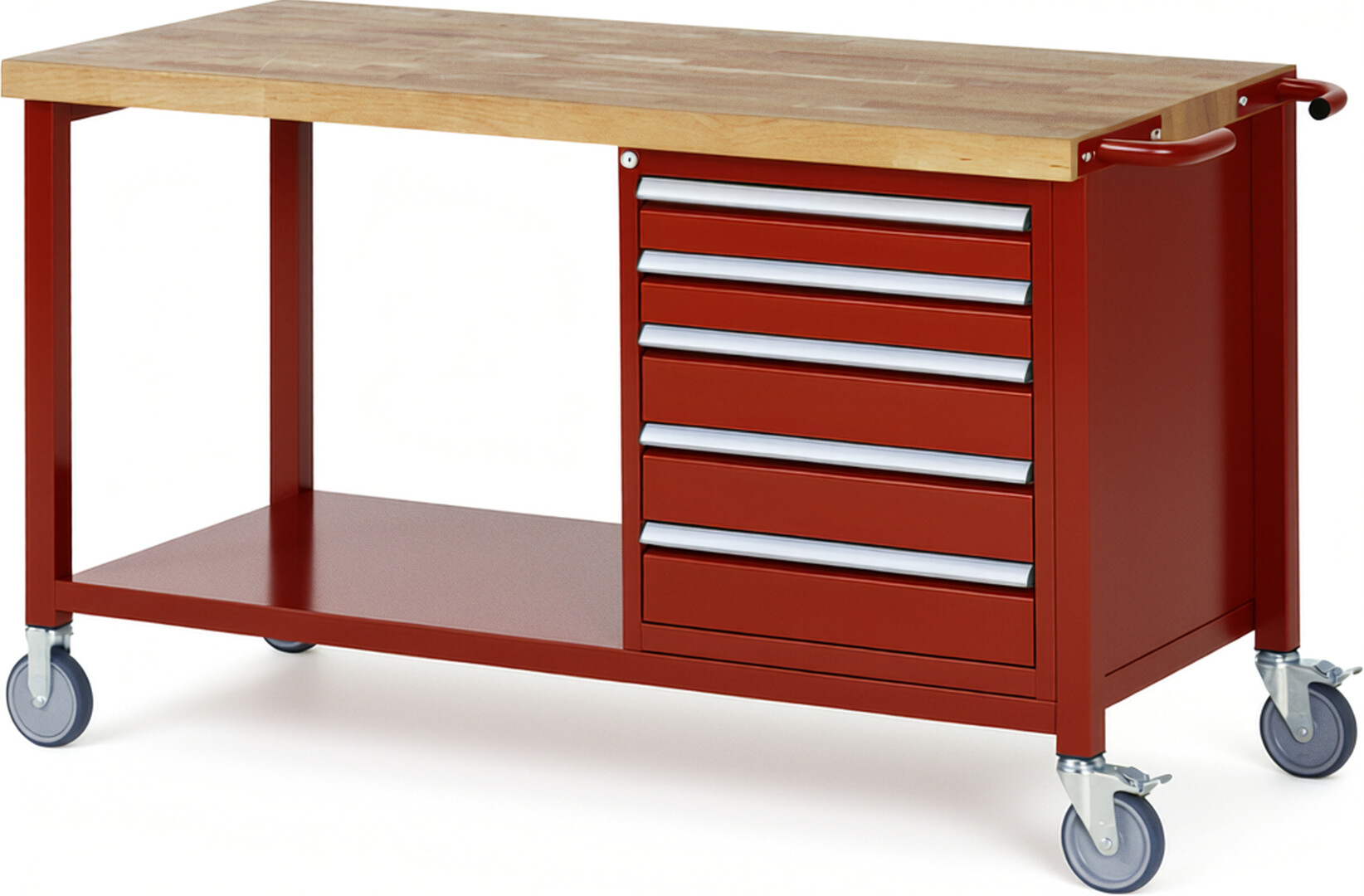 Fahrbare Werkbank Modell 8171 rot, BxTxH 1500x700x880 mm,  Buche-Massiv Arbeitsplatte 40 mm,  5 Schubladen mit  Vollauszug 100 % und  SoftClosing