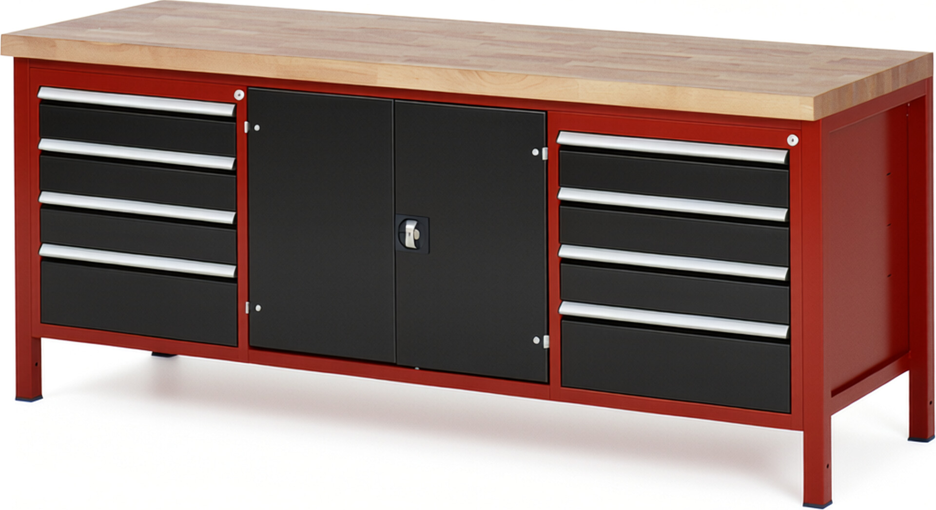 Werkbank Modell 8909 rot - schwarz, BxTxH 2000x700x840-1040 mm,  Buche-Massiv Arbeitsplatte 40 mm,  8 Schubladen mit  Auszug 90 %