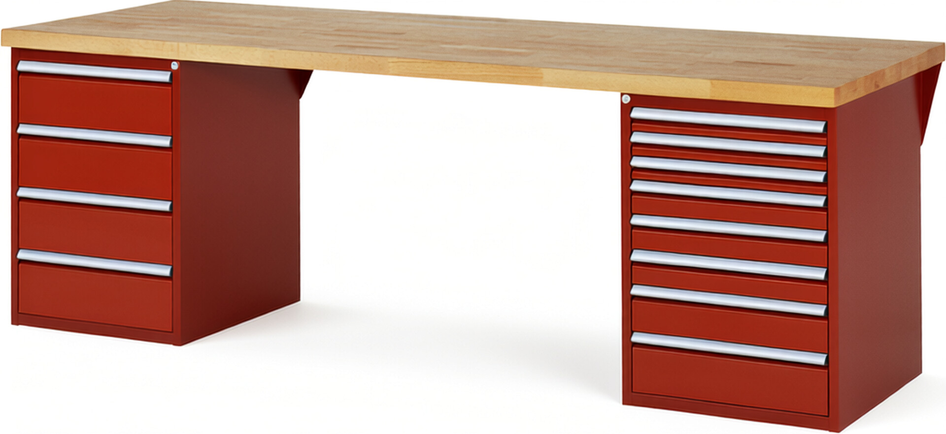 RAU Werkbank rot - Breite 250 cm - Tiefe 90 cm - Höhe 84 cm - Buche-Massiv Arbeitsplatte 40 mm