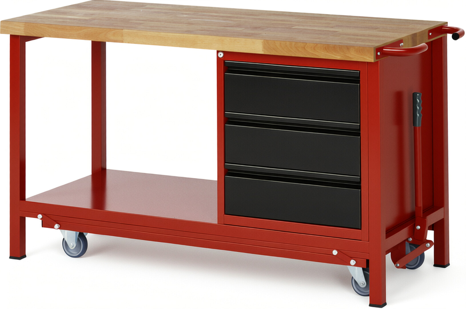 Absenkbare Werkbank - Modell 8157 BASIC rot - schwarz, BxTxH 1500x700x880 mm,  Buche-Massiv Arbeitsplatte 40 mm,  3 Schubladen mit  Auszug 90 %