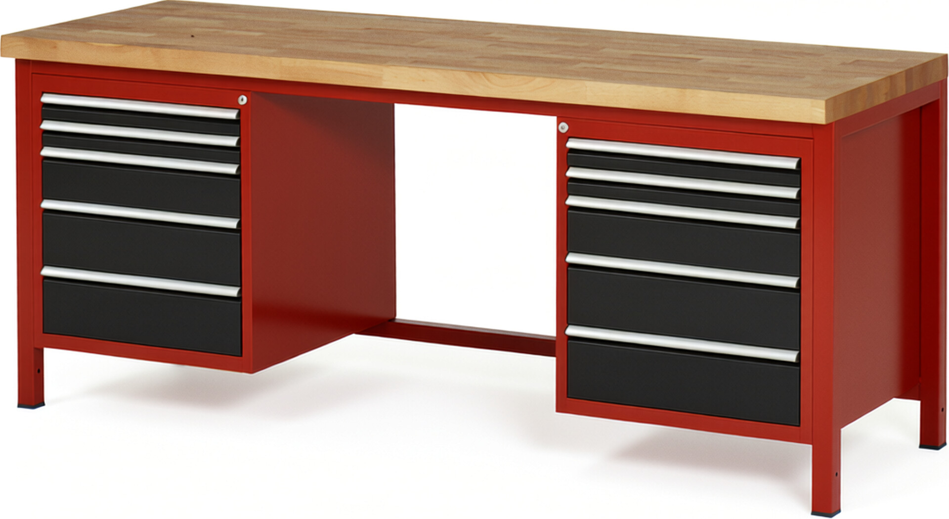 Werkbank Modell 8184 rot - schwarz, BxTxH 2000x700x840-1040 mm,  Buche-Massiv Arbeitsplatte 40 mm,  10 Schubladen mit  Auszug 90 %