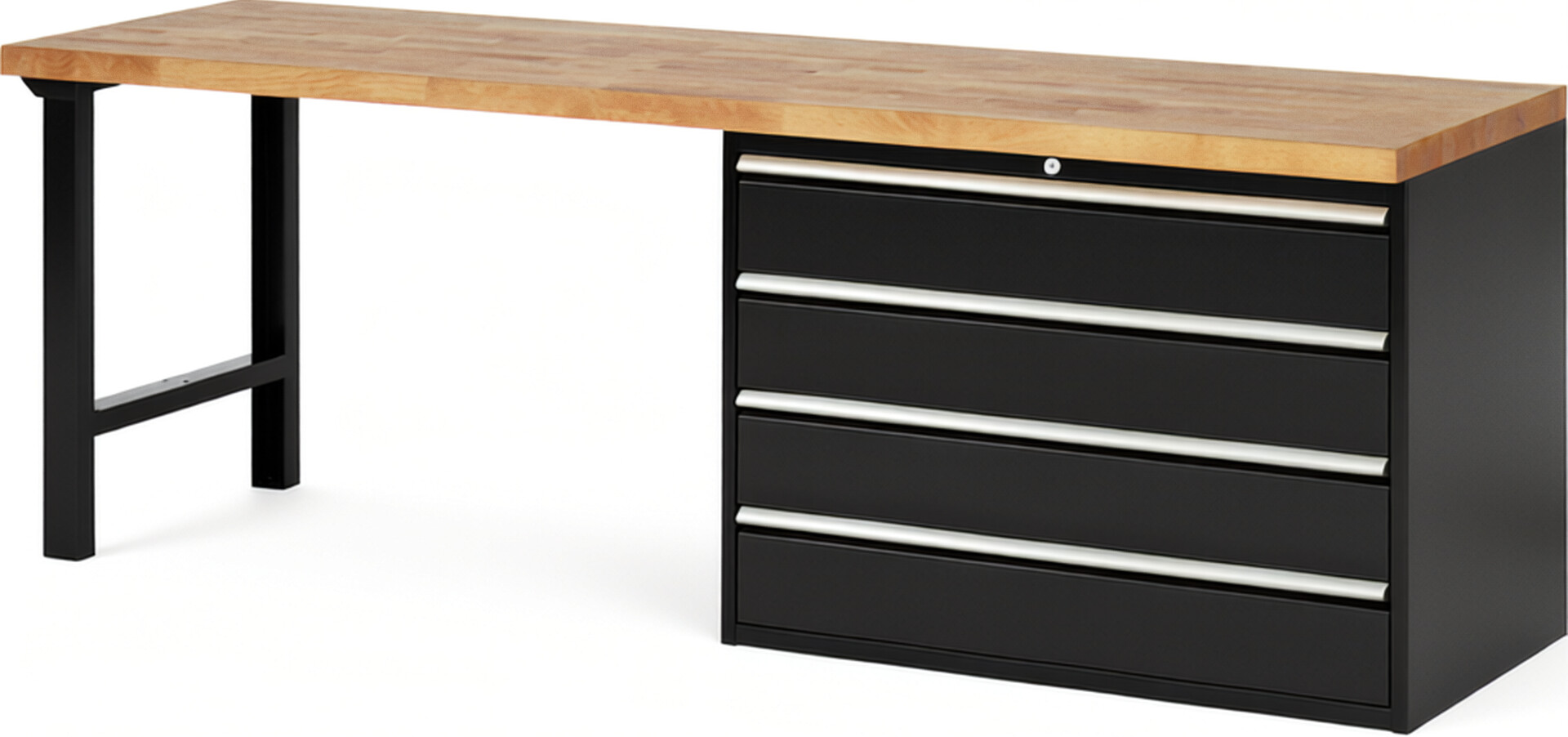 RAU Werkbank schwarz - Breite 250 cm - Tiefe 70 cm - Höhe 84 cm - Buche-Massiv Arbeitsplatte 40 mm