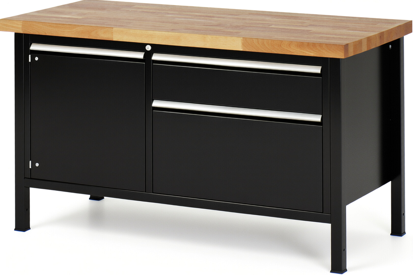 RAU Werkbank schwarz - Breite 150 cm - Tiefe 70 cm - Höhe 104 cm - Buche-Massiv Arbeitsplatte 40 mm