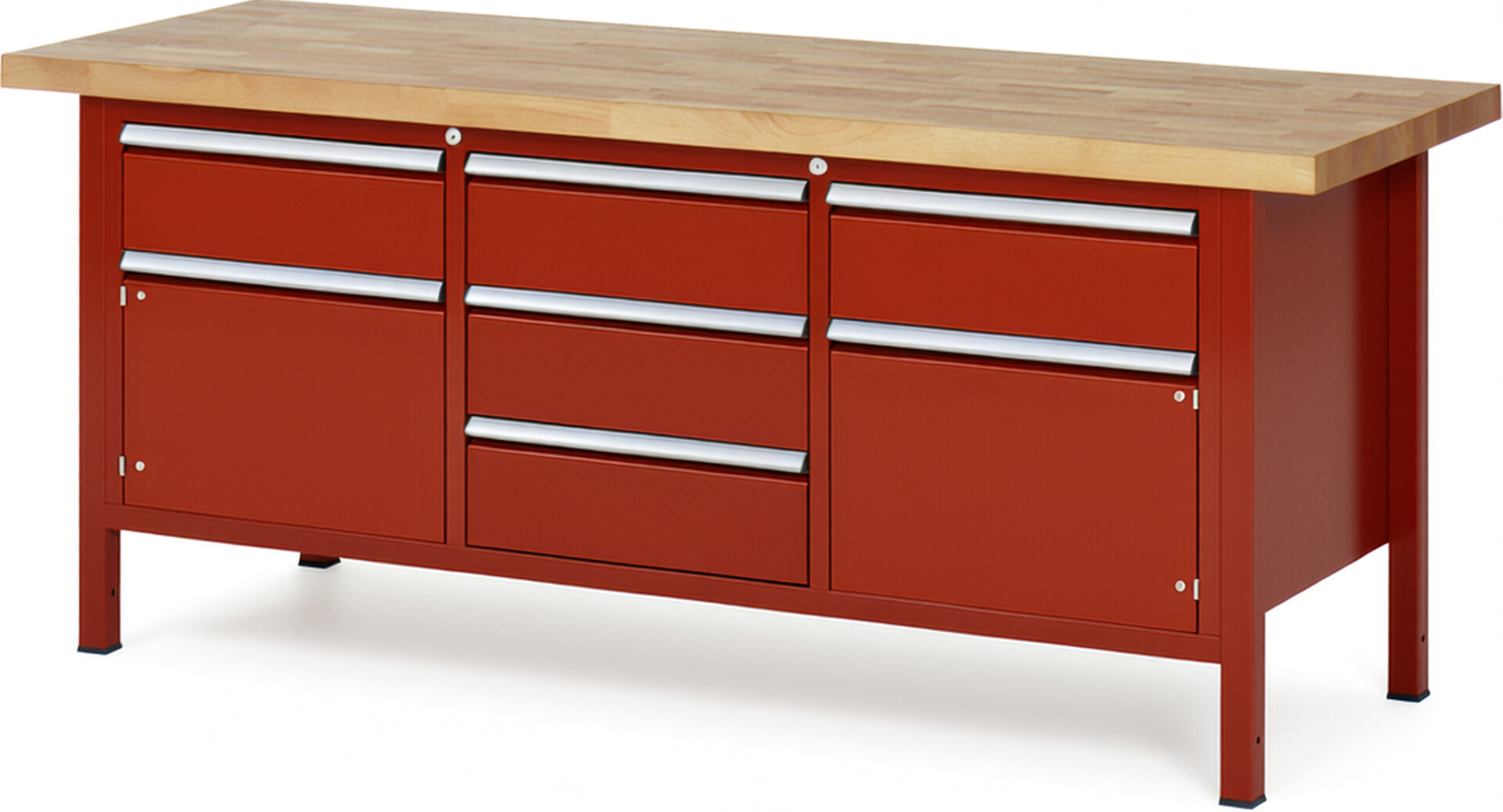 Werkbank Modell 8568 rot, BxTxH 2000x700x840-1040 mm,  Buche-Massiv Arbeitsplatte 40 mm,  5 Schubladen mit  Auszug 90 %
