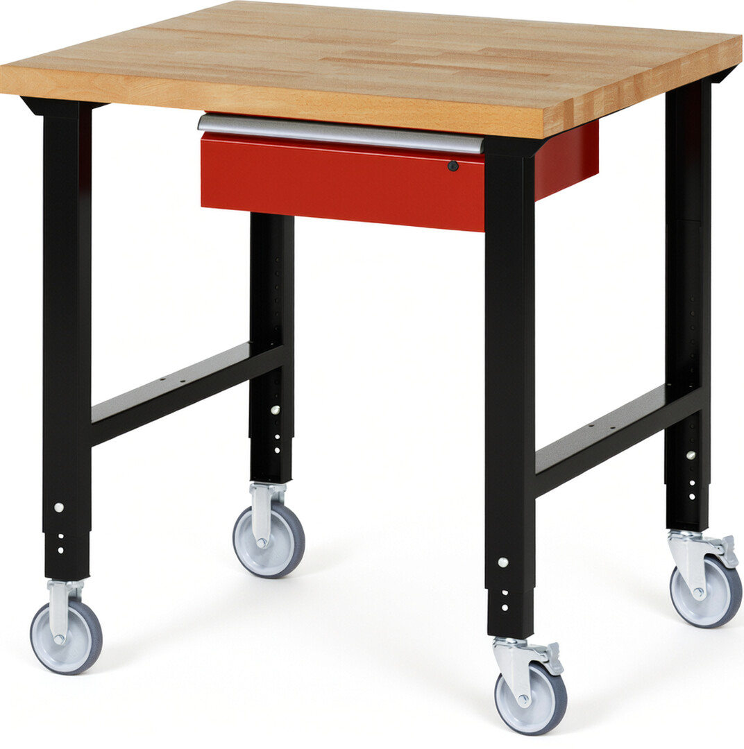 Fahrbare Werkbank Modell 7001 schwarz-rot, BxTxH 1000x900x950-1000 mm,  Buche-Massiv Arbeitsplatte 40 mm,  1 Schublade mit  Auszug 90 %