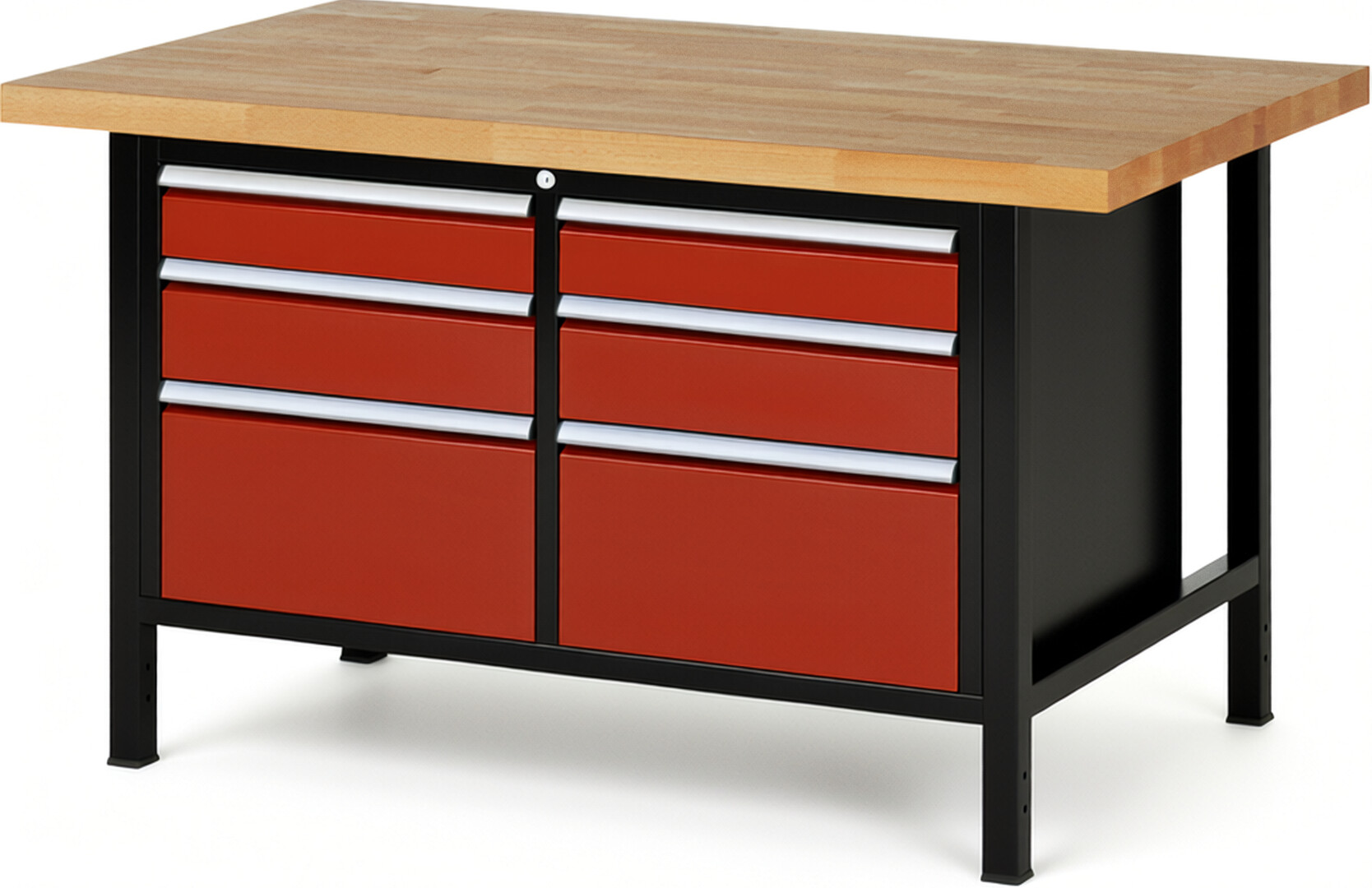 RAU Werkbank schwarz - rot - Breite 150 cm - Tiefe 90 cm - Höhe 84 cm - Buche-Massiv Arbeitsplatte 40 mm