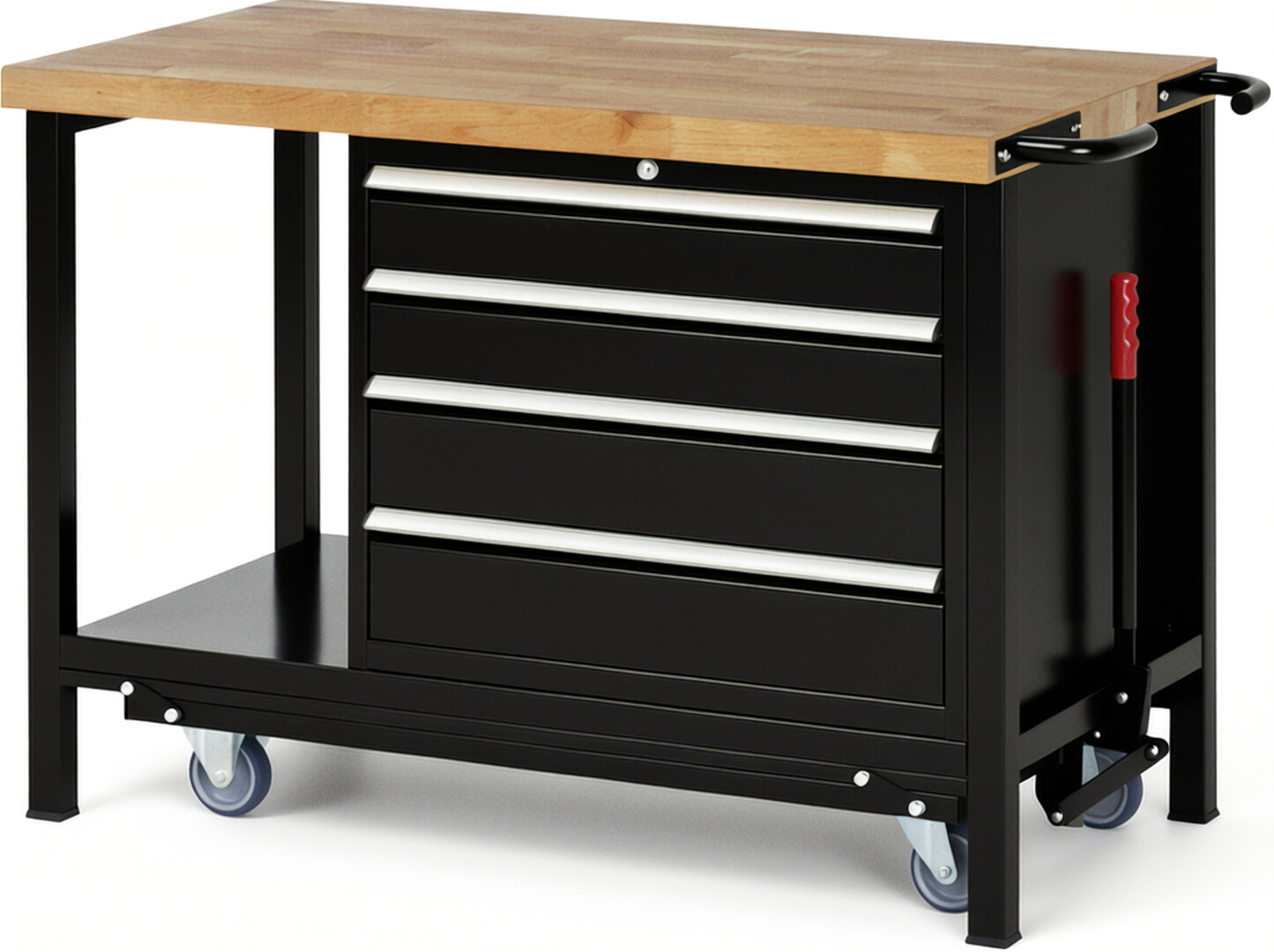 Absenkbare Werkbank Modell 8262 schwarz, BxTxH 1250x700x880 mm,  Buche-Massiv Arbeitsplatte 40 mm,  4 Schubladen mit  Auszug 90 %