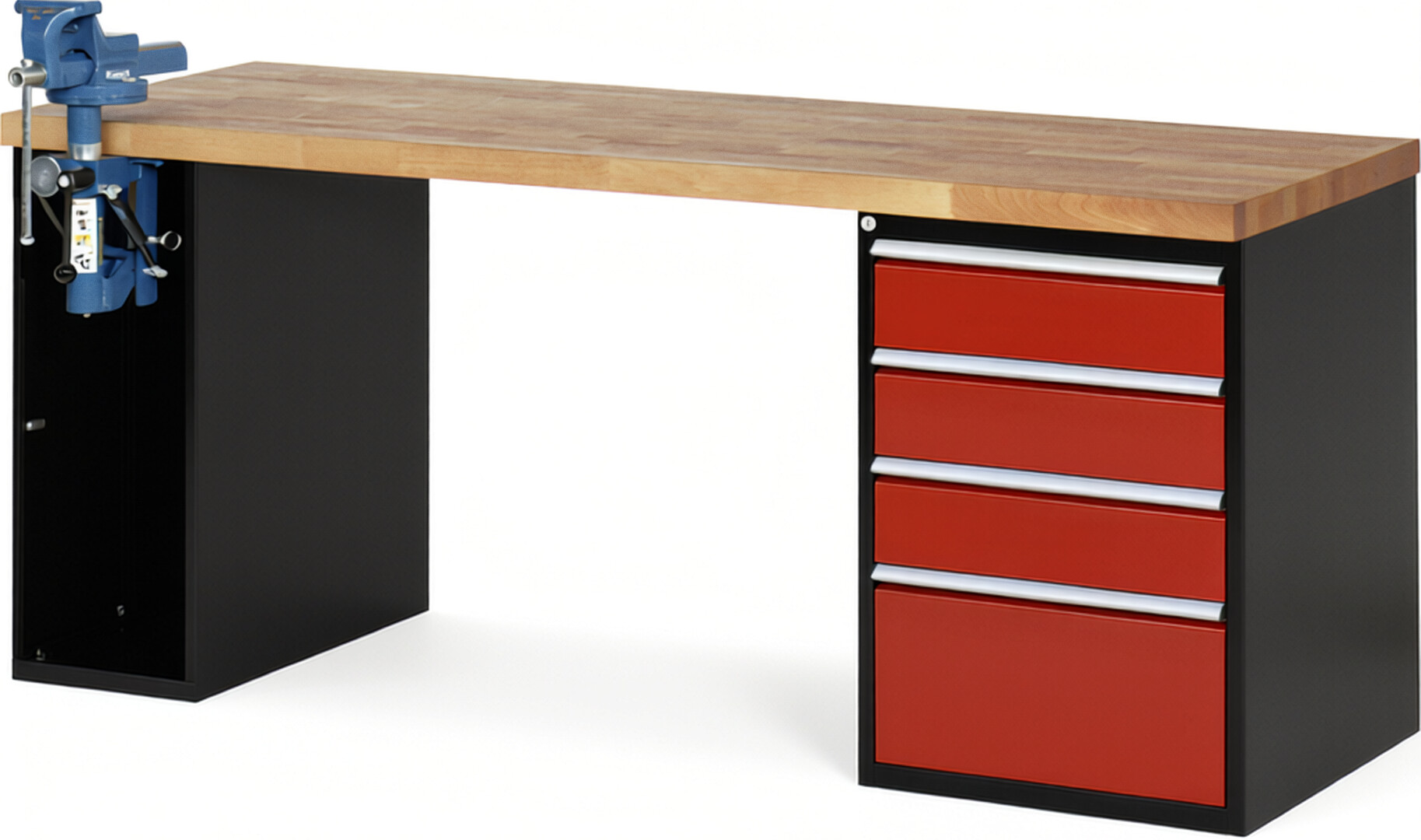 RAU Werkbank schwarz - rot - Breite 200 cm - Tiefe 70 cm - Höhe 84 cm - Buche-Massiv Arbeitsplatte 40 mm