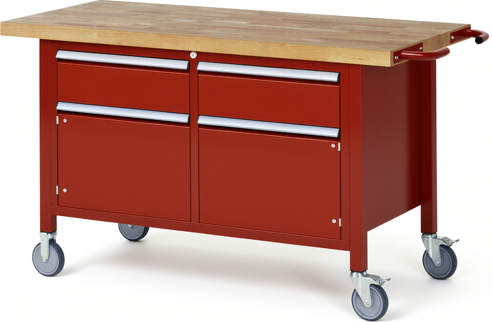 Fahrbare Werkbank Modell 8466 rot, BxTxH 1500x700x880 mm,  Buche-Massiv Arbeitsplatte 40 mm,  2 Schubladen mit  Vollauszug 100 % und  SoftClosing
