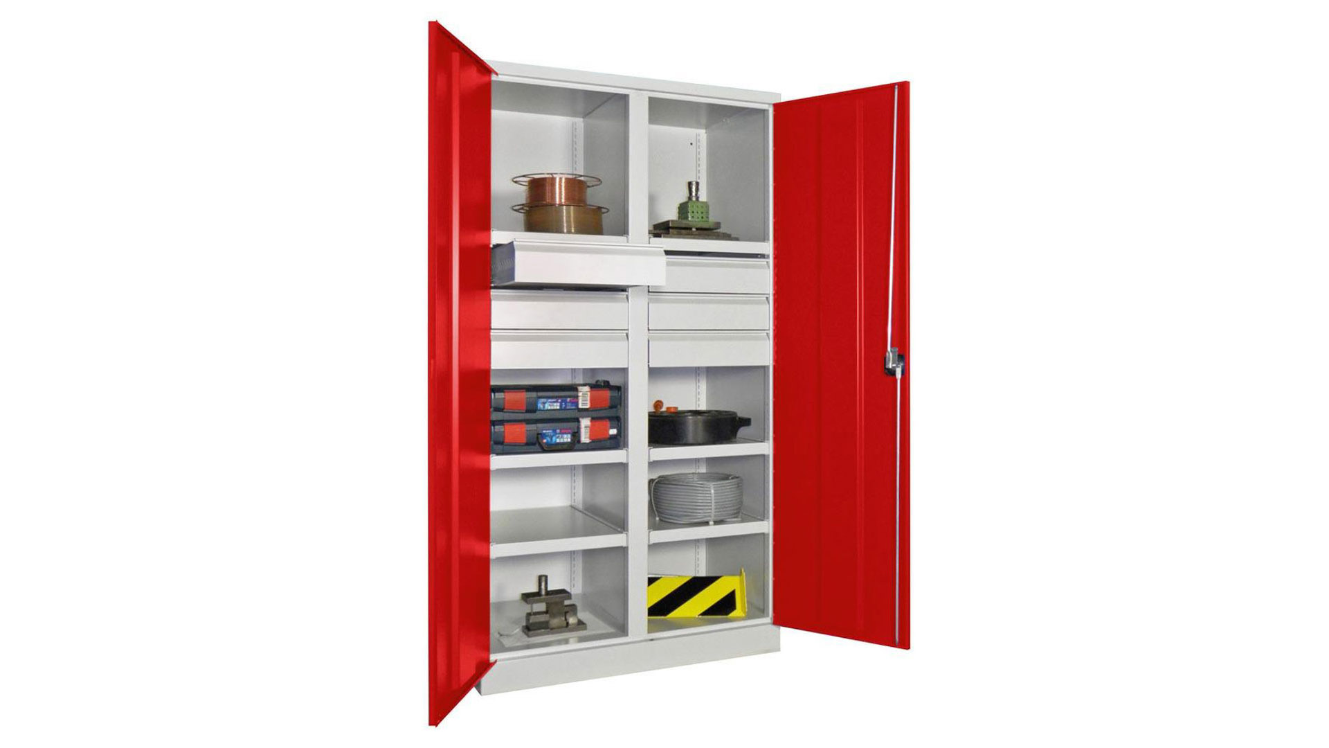 Schwerlastschrank - Vollblechtüren - Trennwand - 6 Böden - 6 Schubladen, 125 mm - 1.950x1.040x630 mm (HxBxT) - lichtgrau/feuerrot