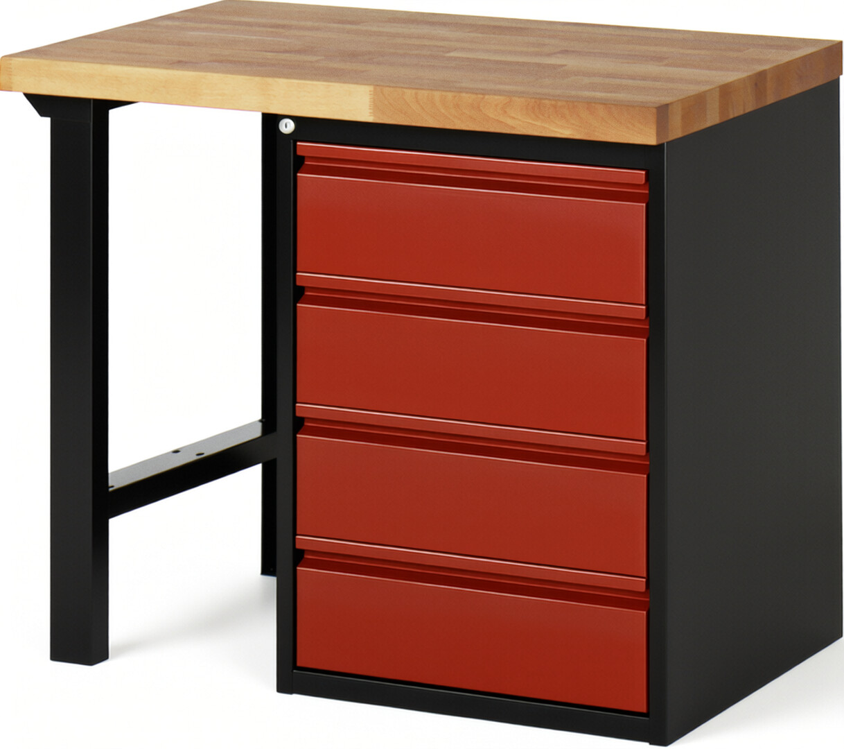 Werkbank schwarz - rot, Breite 100 cm, Tiefe 70 cm, Höhe 89 cm, 4 Schublade(n), Platte: Buche-Massiv-Arbeitsplatte