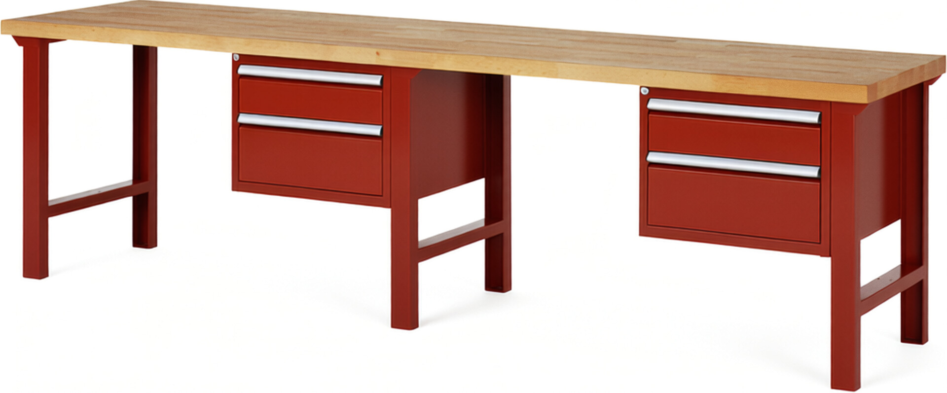 Werkbank Modell 7123 rot, BxTxH 3000x700x840 mm,  Buche-Massiv Arbeitsplatte 40 mm,  4 Schubladen mit  Auszug 90 %