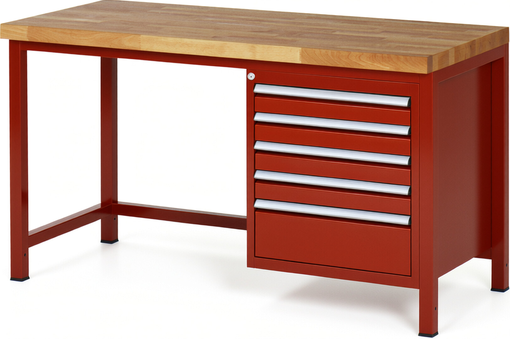Werkbank Modell 8168 rot, BxTxH 1500x700x840-1040 mm,  Buche-Massiv Arbeitsplatte 40 mm,  5 Schubladen mit  Vollauszug 100 % und  SoftClosing
