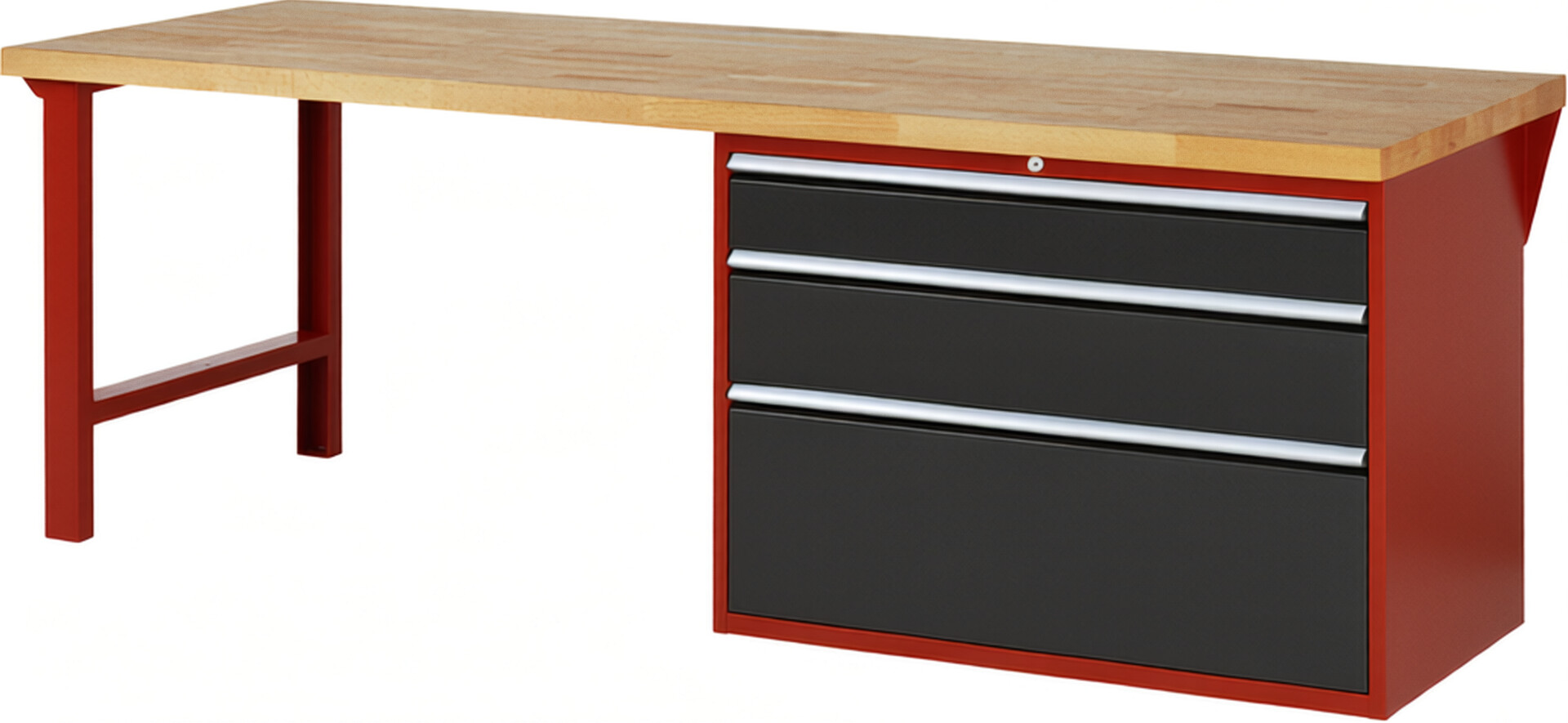 Werkbank Modell 7708 rot - schwarz, BxTxH 2500x900x890 mm,  Buche-Massiv Arbeitsplatte 40 mm,  3 Schubladen mit  Vollauszug 100 % und  SoftClosing