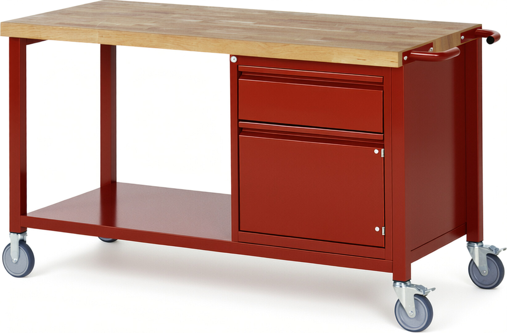 Fahrbare Werkbank - Modell 8152 BASIC rot, BxTxH 1500x700x880 mm,  Buche-Massiv Arbeitsplatte 40 mm,  1 Schublade mit  Auszug 90 %