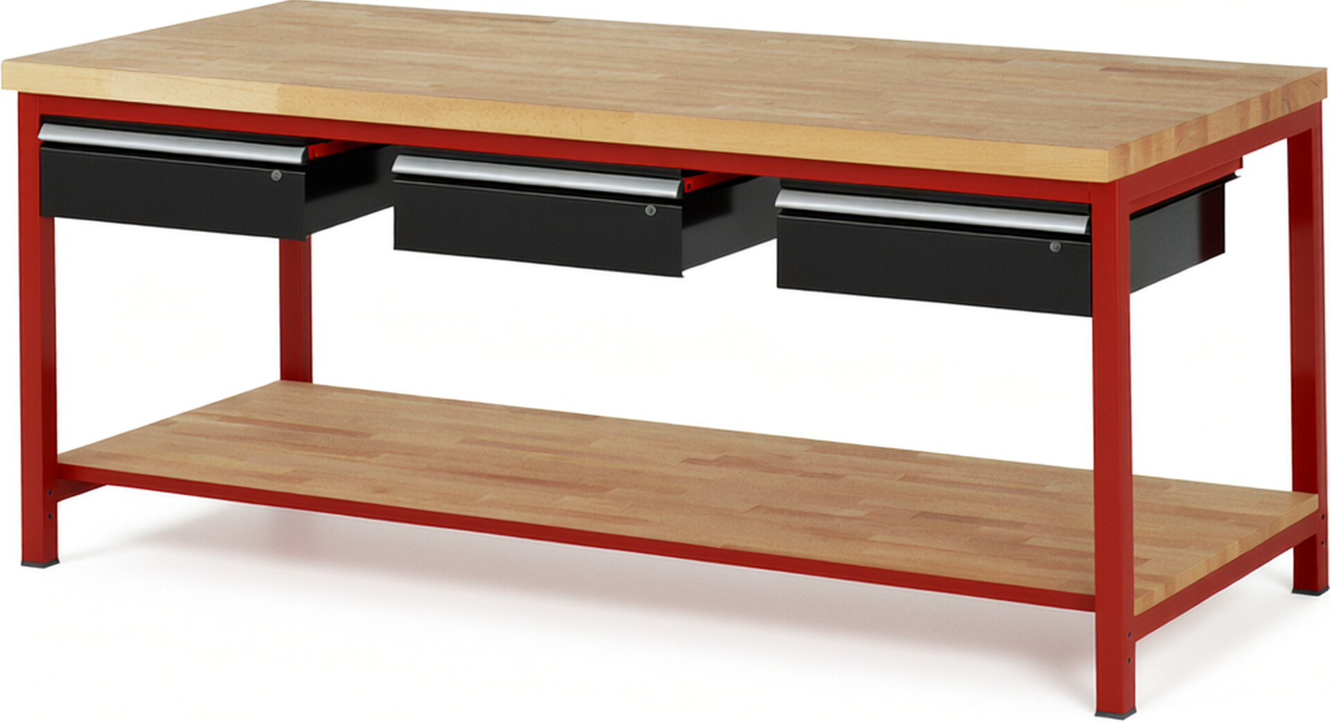 Werkbank Modell 8003 rot - schwarz, BxTxH 2000x900x840 mm,  Buche-Massiv Arbeitsplatte 40 mm,  3 Schubladen mit  Auszug 90 %