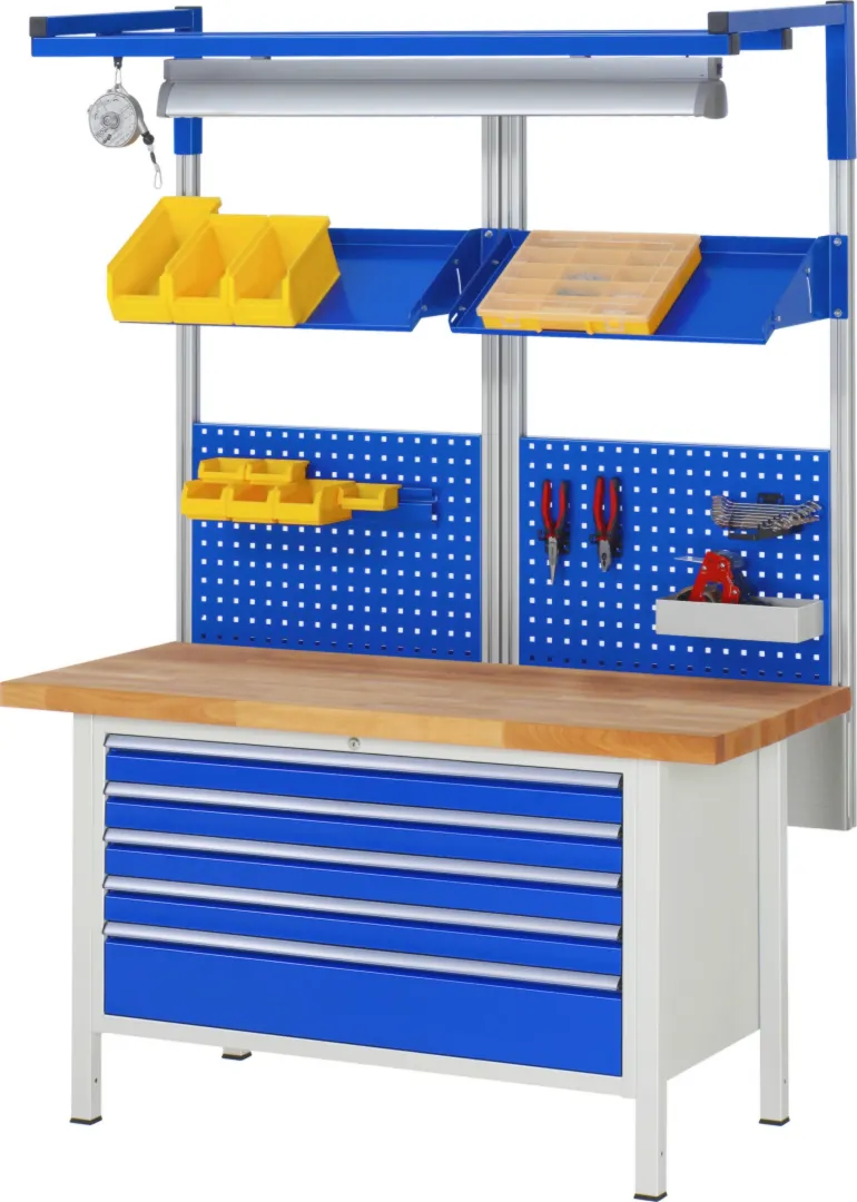 Werkbank Modell 8333 rot, BxTxH 1500x900x840 mm,  Buche-Massiv Arbeitsplatte 40 mm,  4 Schubladen mit  Auszug 90 %