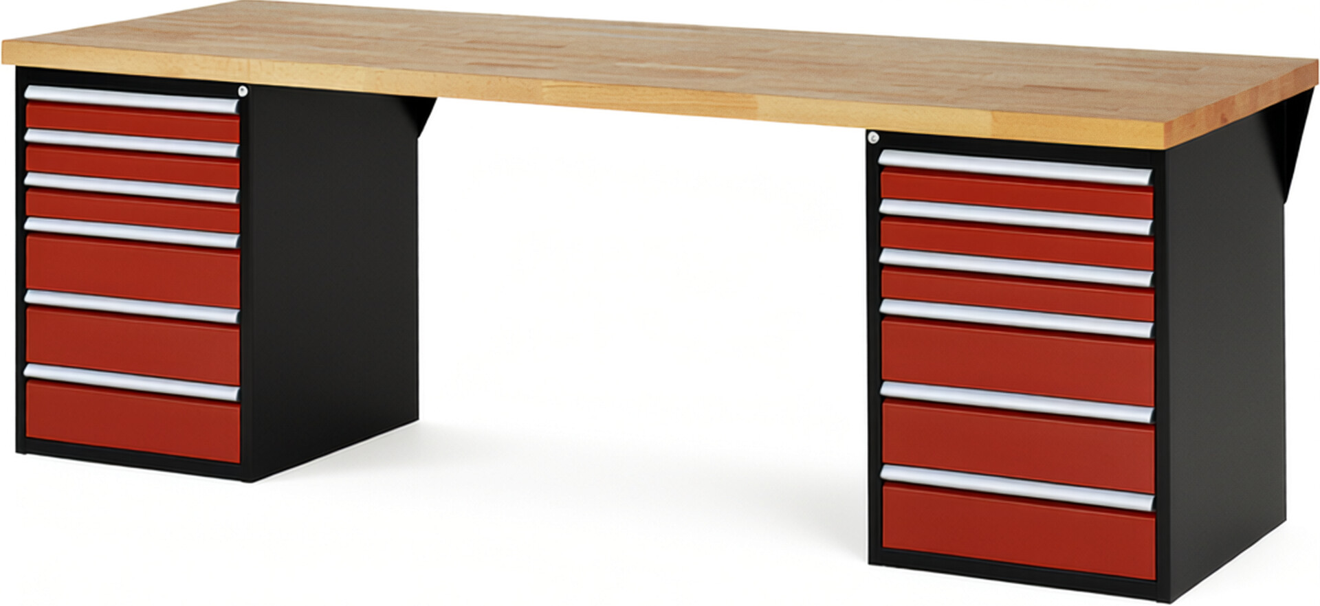 RAU Werkbank schwarz - rot - Breite 250 cm - Tiefe 90 cm - Höhe 84 cm - Buche-Massiv Arbeitsplatte 40 mm