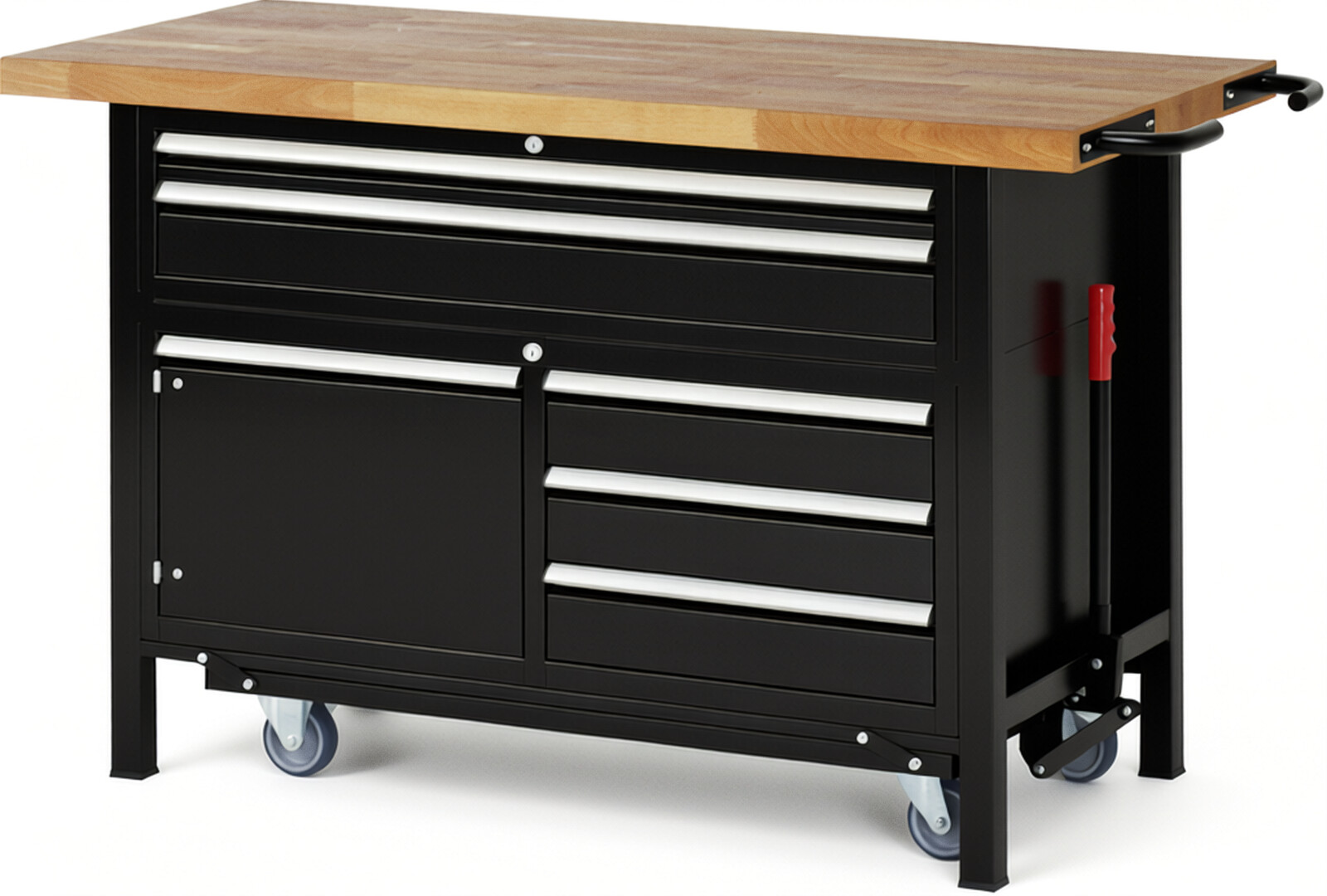 Absenkbare Werkbank Modell 8922 schwarz, BxTxH 1500x700x920 mm,  Buche-Massiv Arbeitsplatte 40 mm,  5 Schubladen mit  Vollauszug 100 % und  SoftClosing