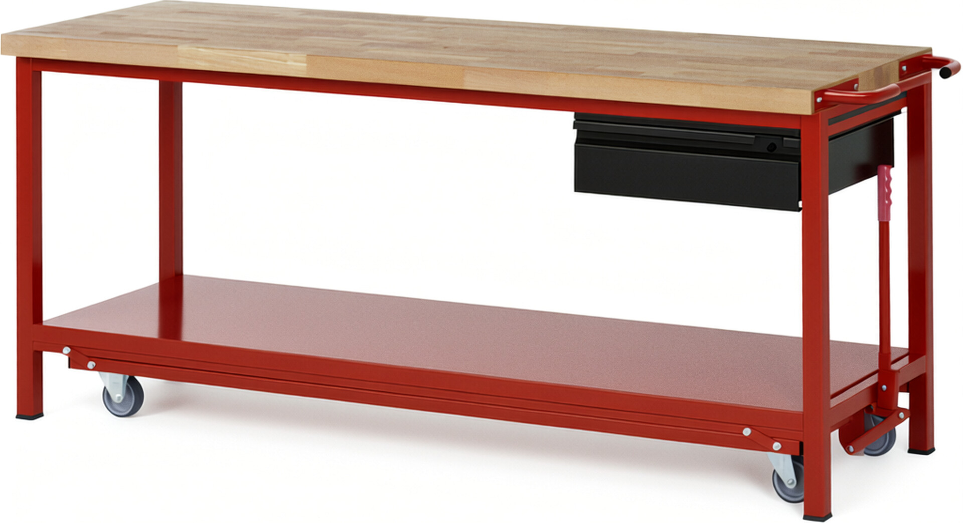Absenkbare Werkbank - Modell 8001 BASIC rot - schwarz, BxTxH 2000x700x880 mm,  Buche-Massiv Arbeitsplatte 40 mm,  1 Schublade mit  Auszug 90 %