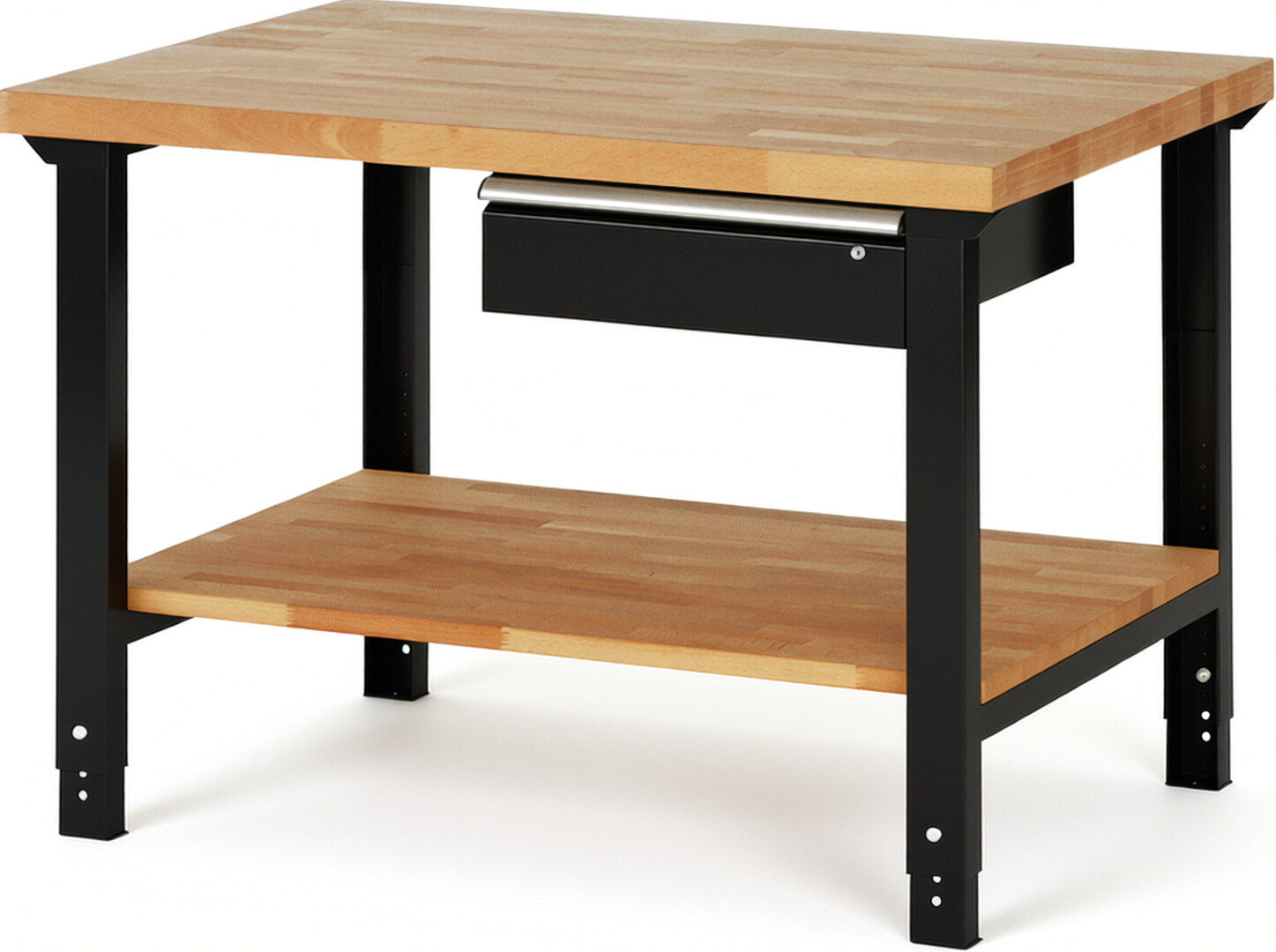 Werkbank Modell 7001 schwarz, BxTxH 1250x900x790-1140 mm,  Buche-Massiv Arbeitsplatte 40 mm,  1 Schublade mit  Auszug 90 %
