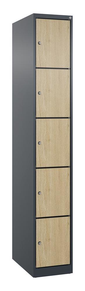Fächerschrank mit MDF Türen, BxTxH 300x500x1850 mm, 1x5 Fächer, Abt.B 300 mm, bodenstehend, Schloss, HPL-Dekorfront, RAL 7016/Dekor Eiche