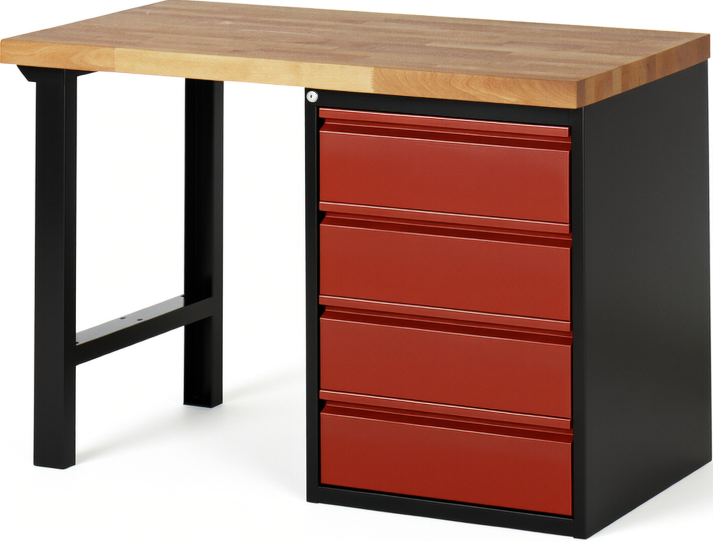 Werkbank schwarz - rot, Breite 125 cm, Tiefe 70 cm, Höhe 89 cm, 4 Schublade(n), Platte: Buche-Massiv-Arbeitsplatte