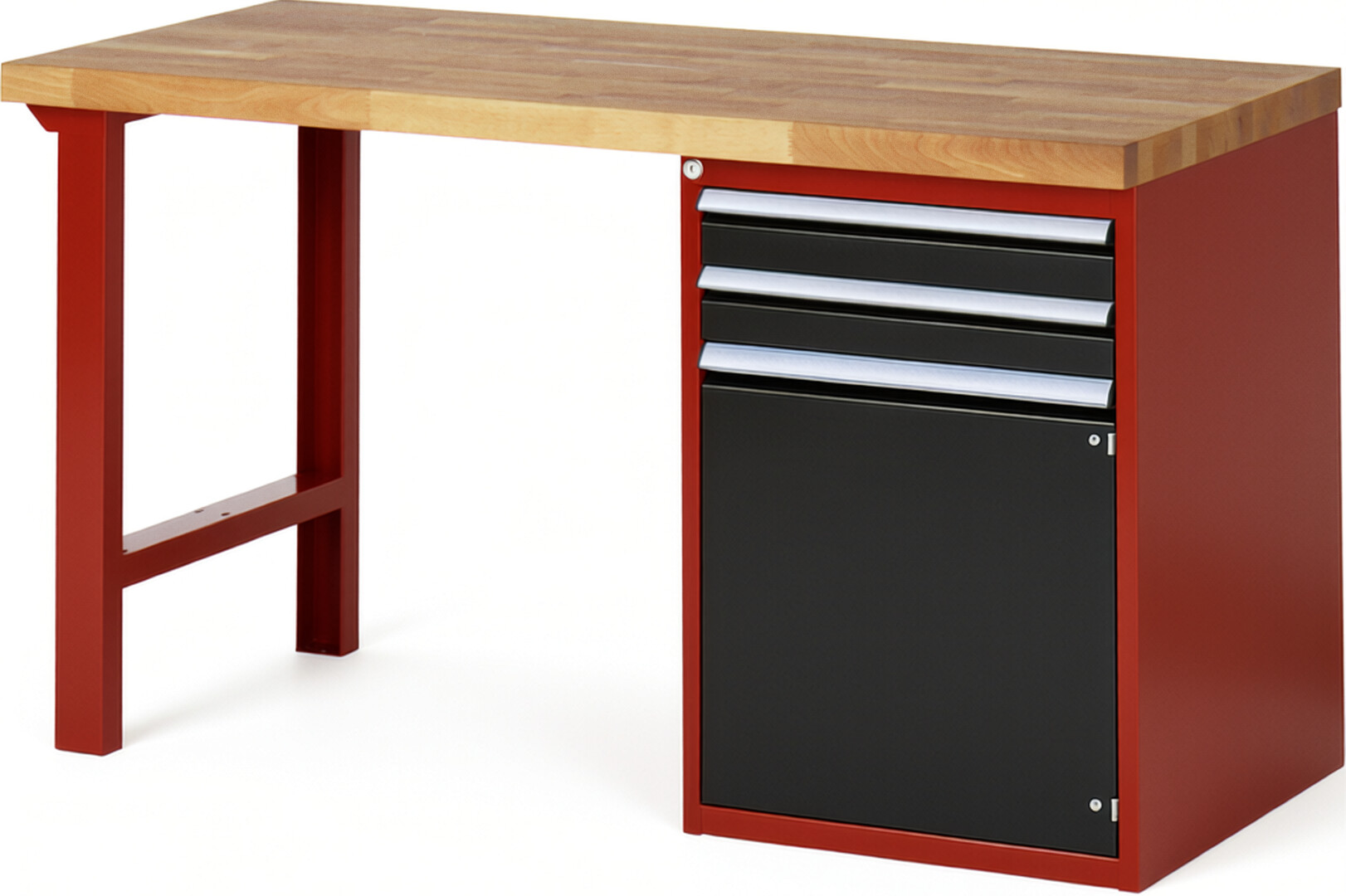 Werkbank Modell 7503 rot - schwarz, BxTxH 1500x700x840 mm,  Buche-Massiv Arbeitsplatte 40 mm,  2 Schubladen mit  Vollauszug 100 % und  SoftClosing