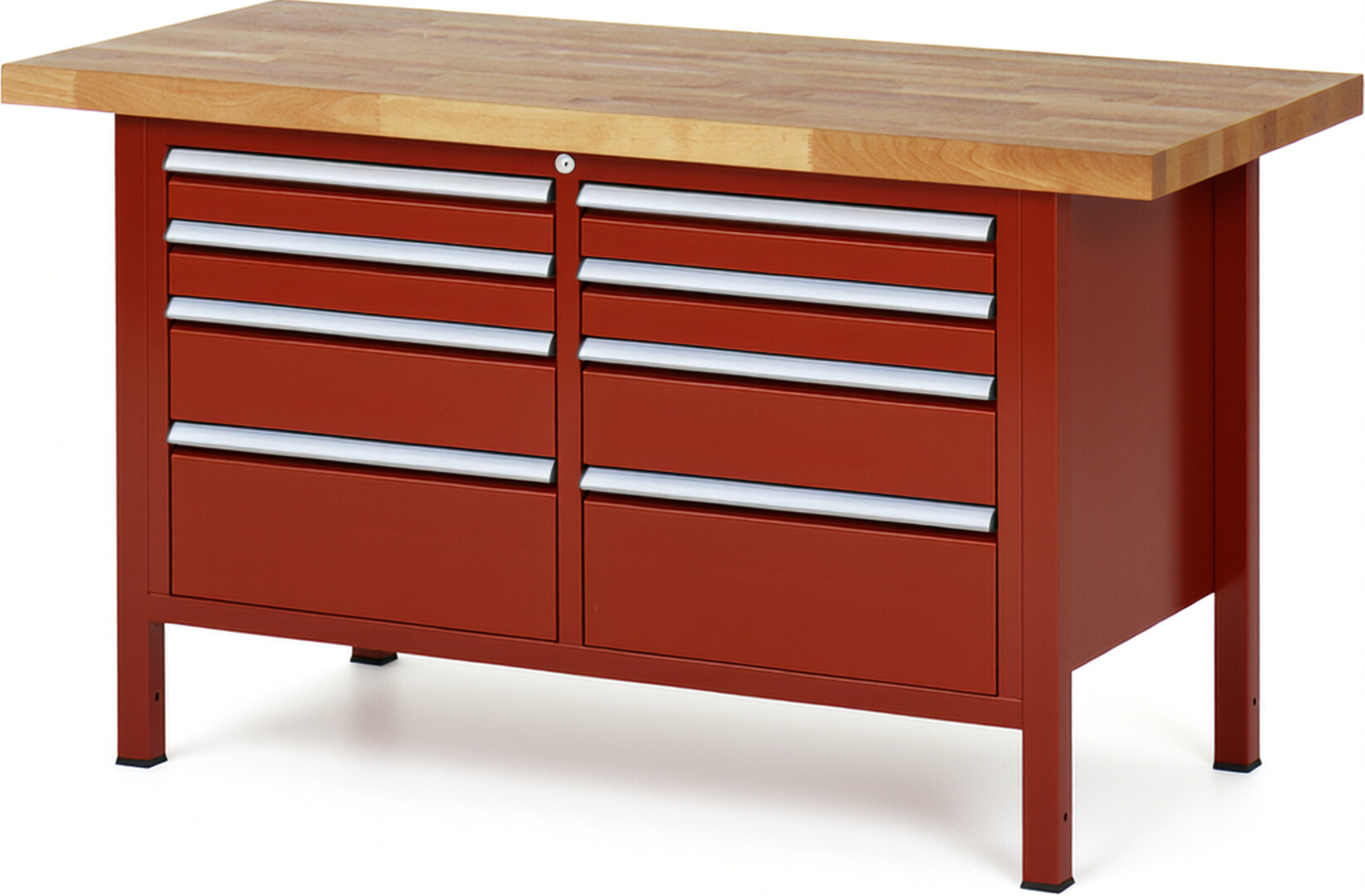 Werkbank Modell 8478 rot, BxTxH 1500x700x840-1040 mm,  Buche-Massiv Arbeitsplatte 40 mm,  8 Schubladen mit  Vollauszug 100 % und  SoftClosing
