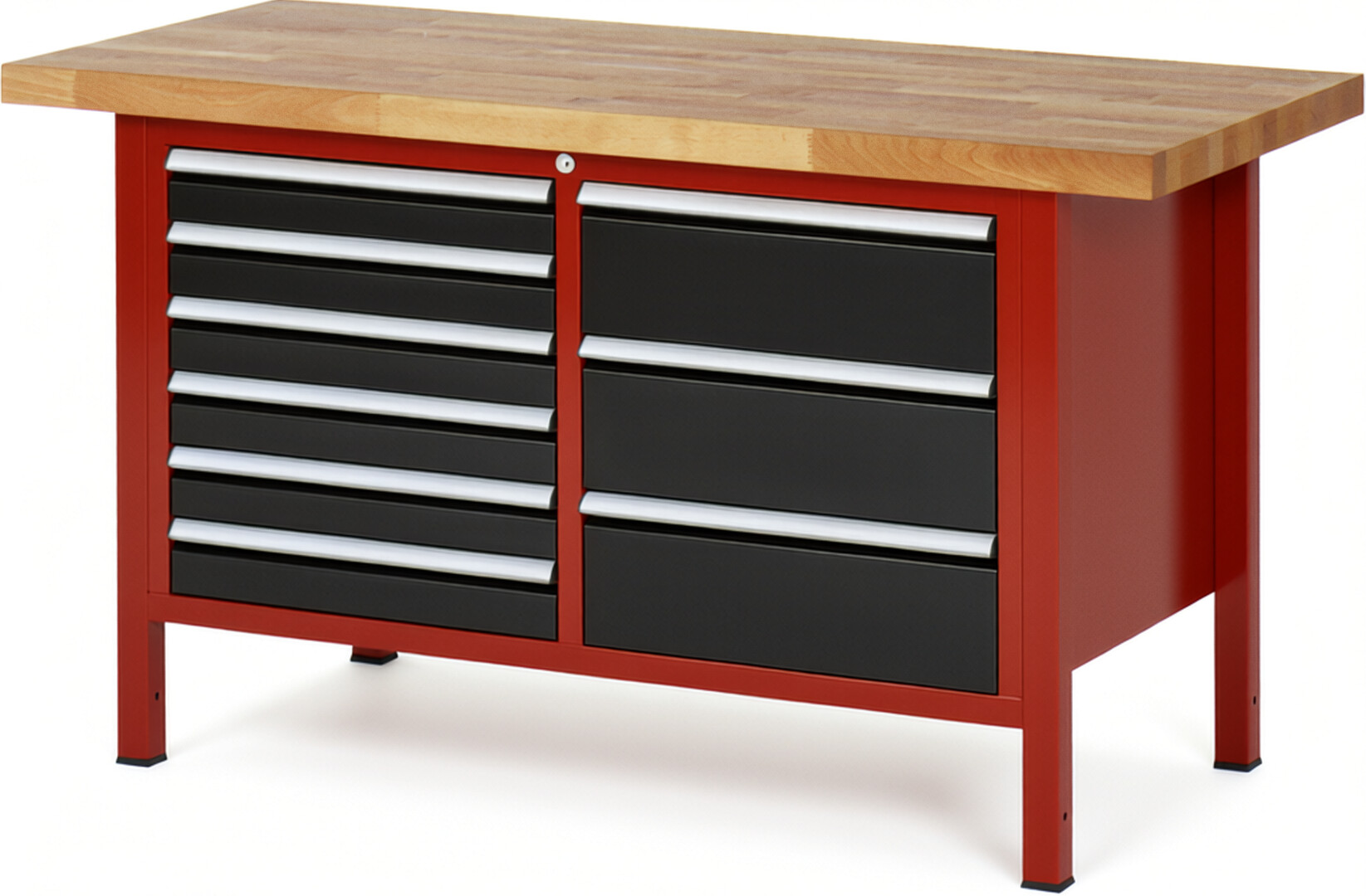 Werkbank Modell 8479 rot - schwarz, BxTxH 1500x700x840 mm,  Buche-Massiv Arbeitsplatte 40 mm,  9 Schubladen mit  Vollauszug 100 % und  SoftClosing