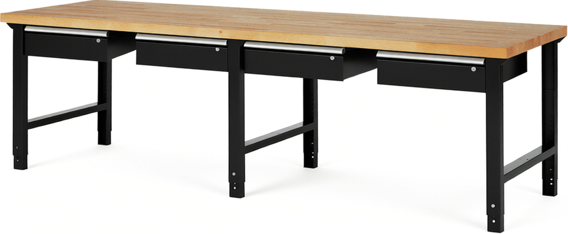 Werkbank Modell 7002 schwarz, BxTxH 3000x900x790-1140 mm,  Buche-Massiv Arbeitsplatte 40 mm,  4 Schubladen mit  Auszug 90 %