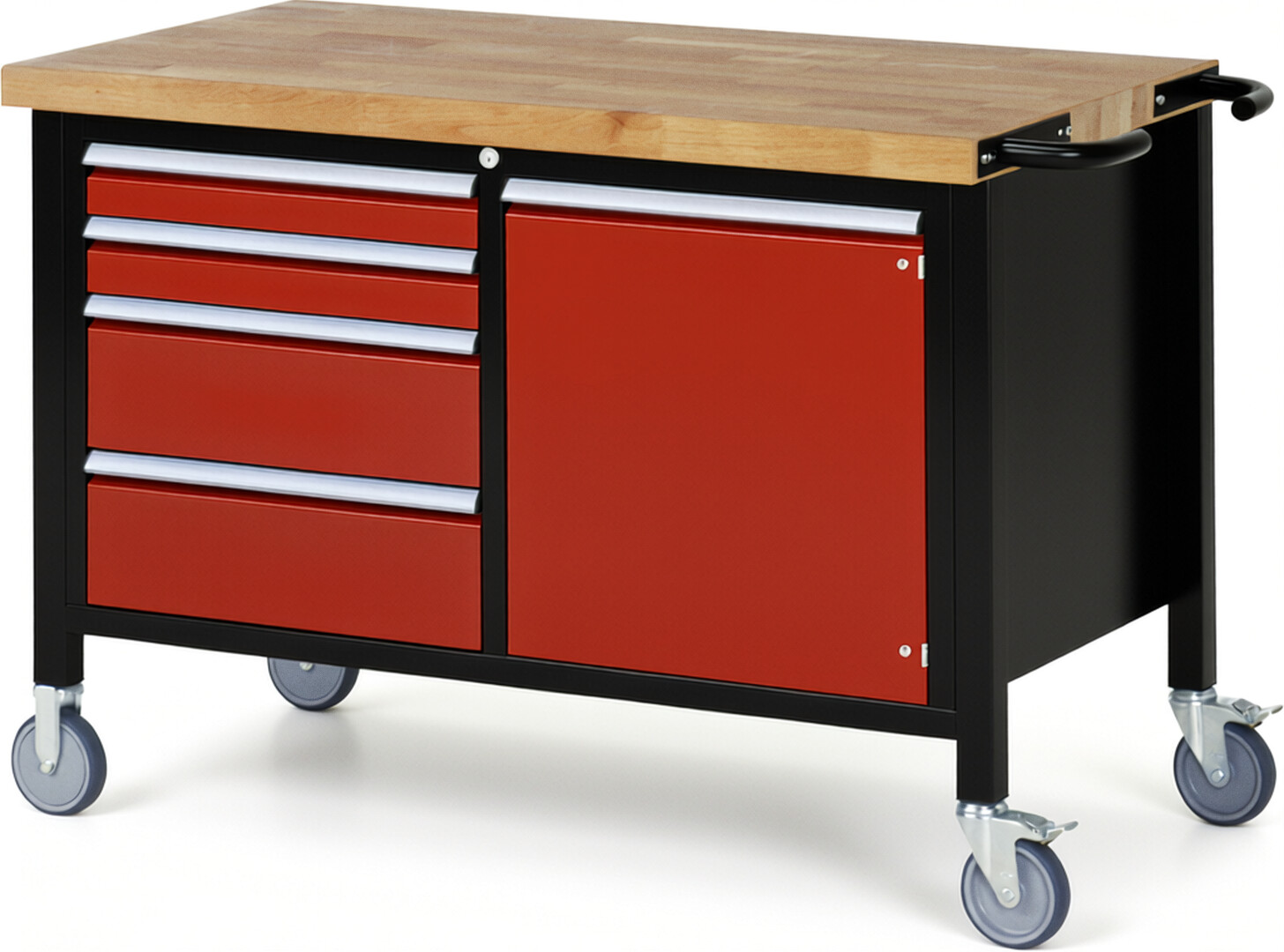 RAU Werkbank schwarz - rot - Breite 125 cm - Tiefe 70 cm - Höhe 108 cm - Buche-Massiv Arbeitsplatte 40 mm