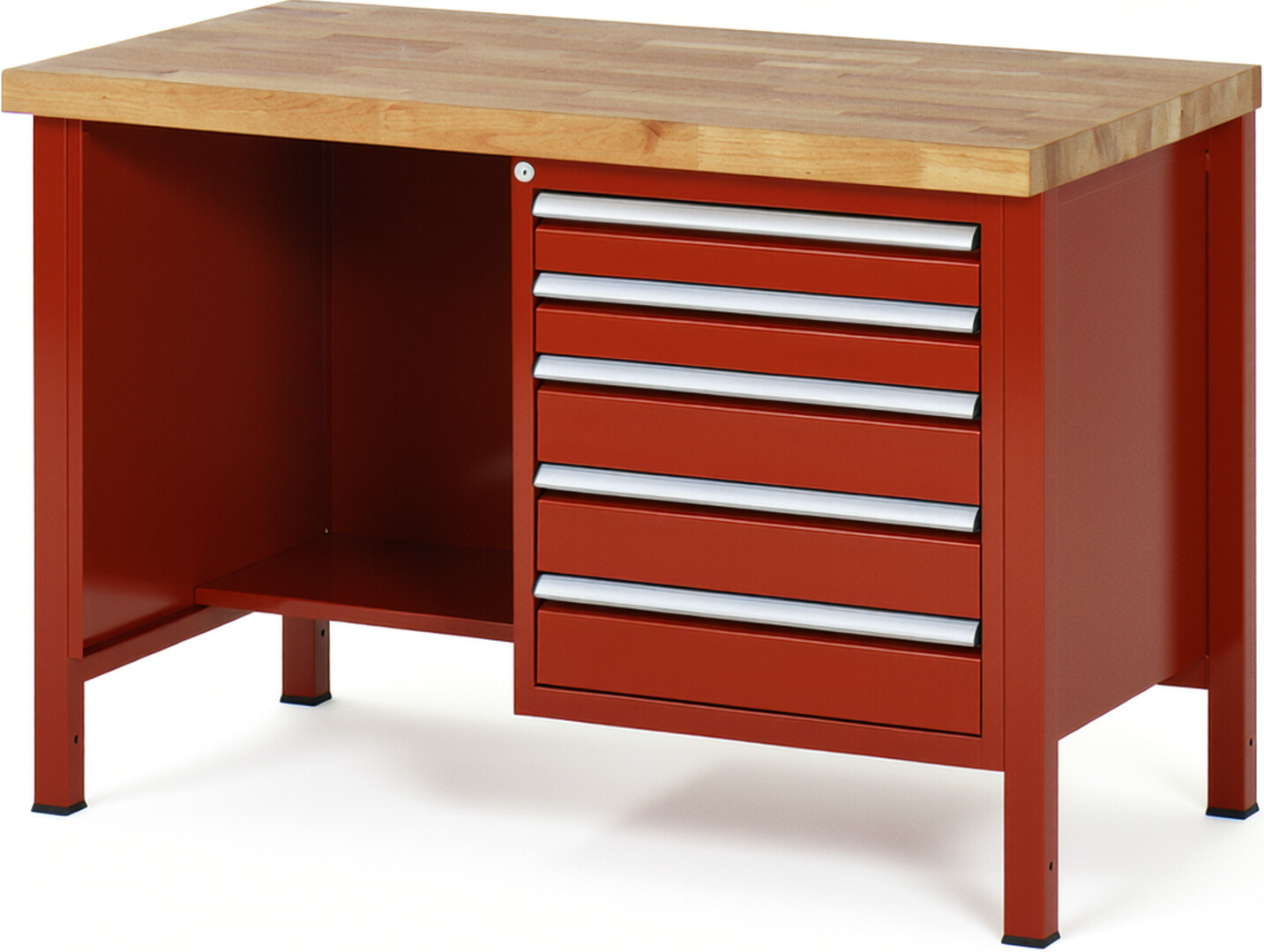 Werkbank Modell 8454 rot, BxTxH 1250x700x840 mm,  Buche-Massiv Arbeitsplatte 40 mm,  5 Schubladen mit  Auszug 90 %