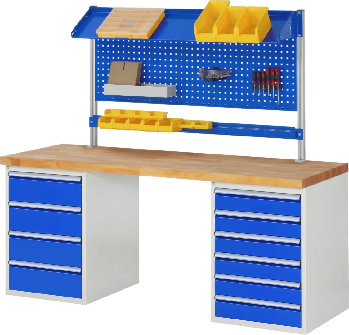 Werkbank Modell 7822 rot - schwarz, BxTxH 2000x700x840 mm,  Buche-Massiv Arbeitsplatte 40 mm,  12 Schubladen mit  Auszug 90 %