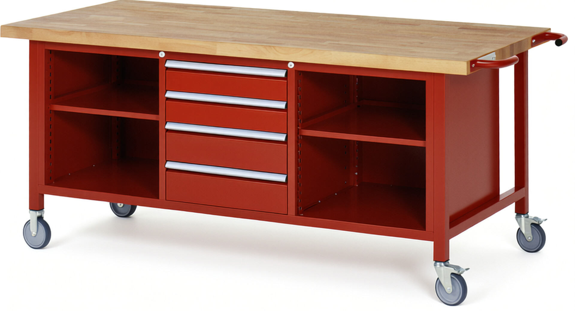 Fahrbare Werkbank Modell 8566 rot, BxTxH 2000x900x880 mm,  Buche-Massiv Arbeitsplatte 40 mm,  4 Schubladen mit  Vollauszug 100 % und  SoftClosing