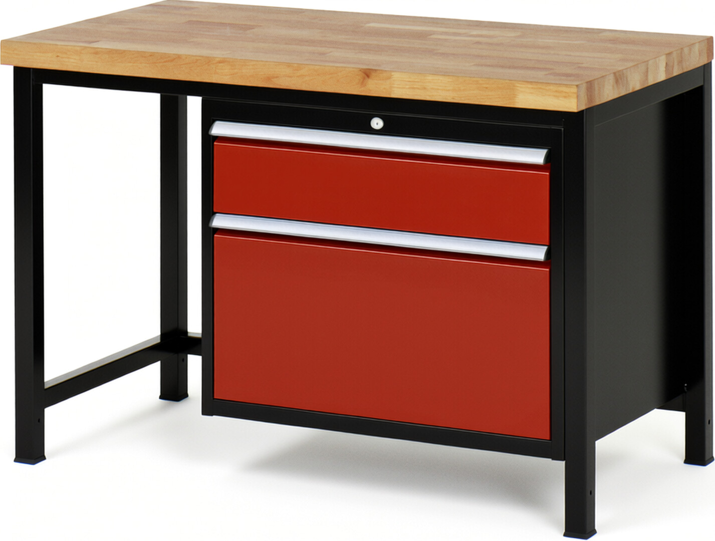 RAU Werkbank schwarz - rot - Breite 125 cm - Tiefe 70 cm - Höhe 104 cm - Buche-Massiv Arbeitsplatte 40 mm