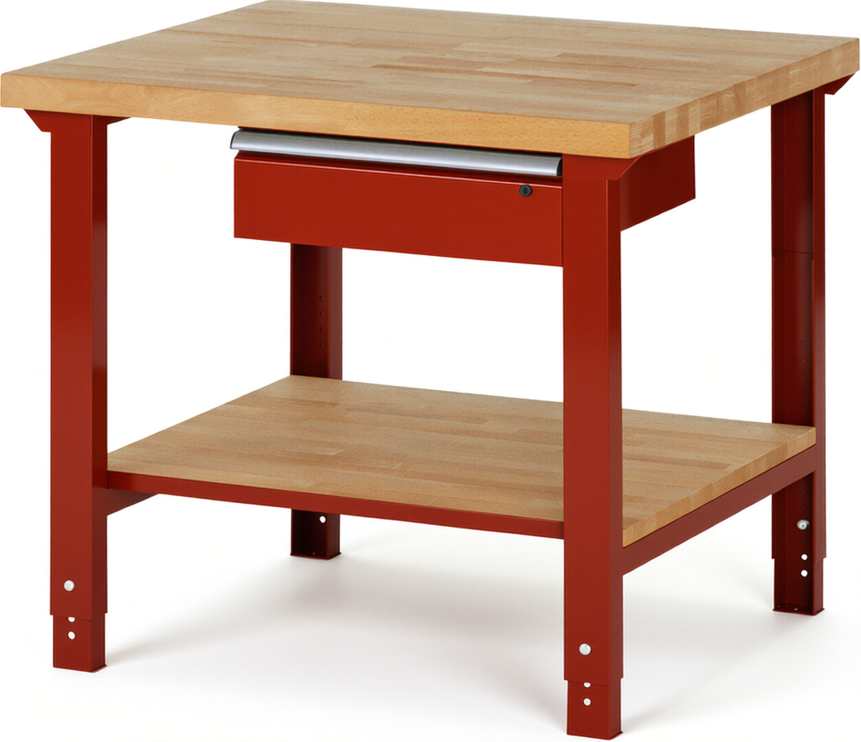 Werkbank Modell 7001 rot, BxTxH 1000x900x790-1140 mm,  Buche-Massiv Arbeitsplatte 40 mm,  1 Schublade mit  Auszug 90 %